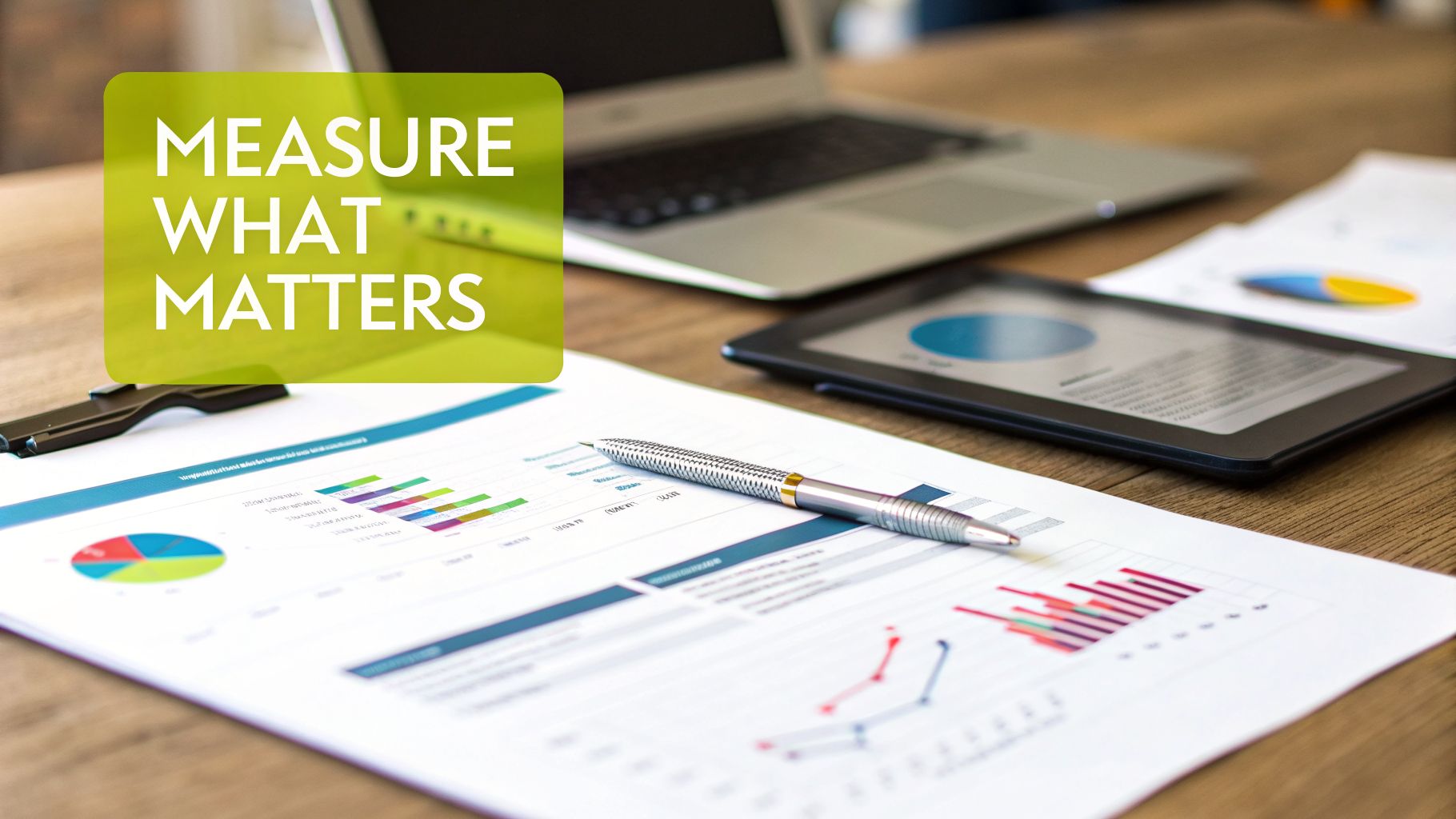A desk setup with a laptop, tablet, papers with various charts and graphs, and a pen, with text overlay 'Measure What Matters'.