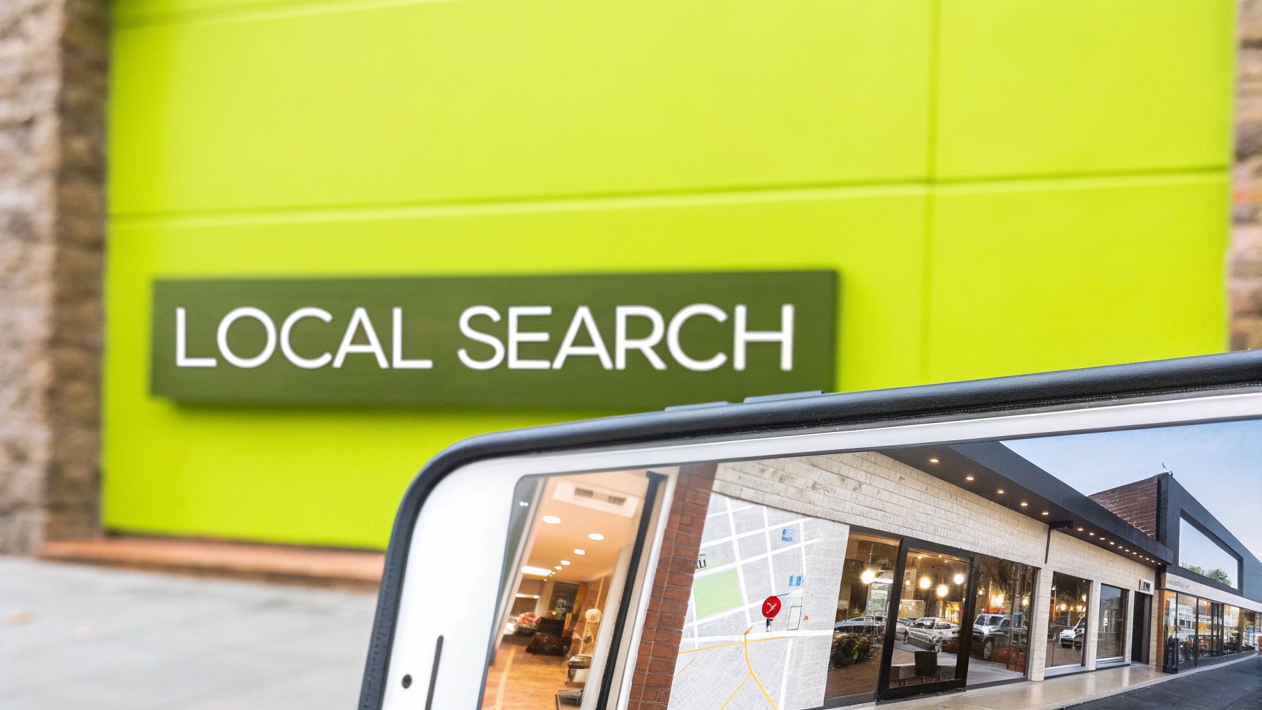 A smartphone displaying local search results and a map in front of a green wall with a 'LOCAL SEARCH' sign.