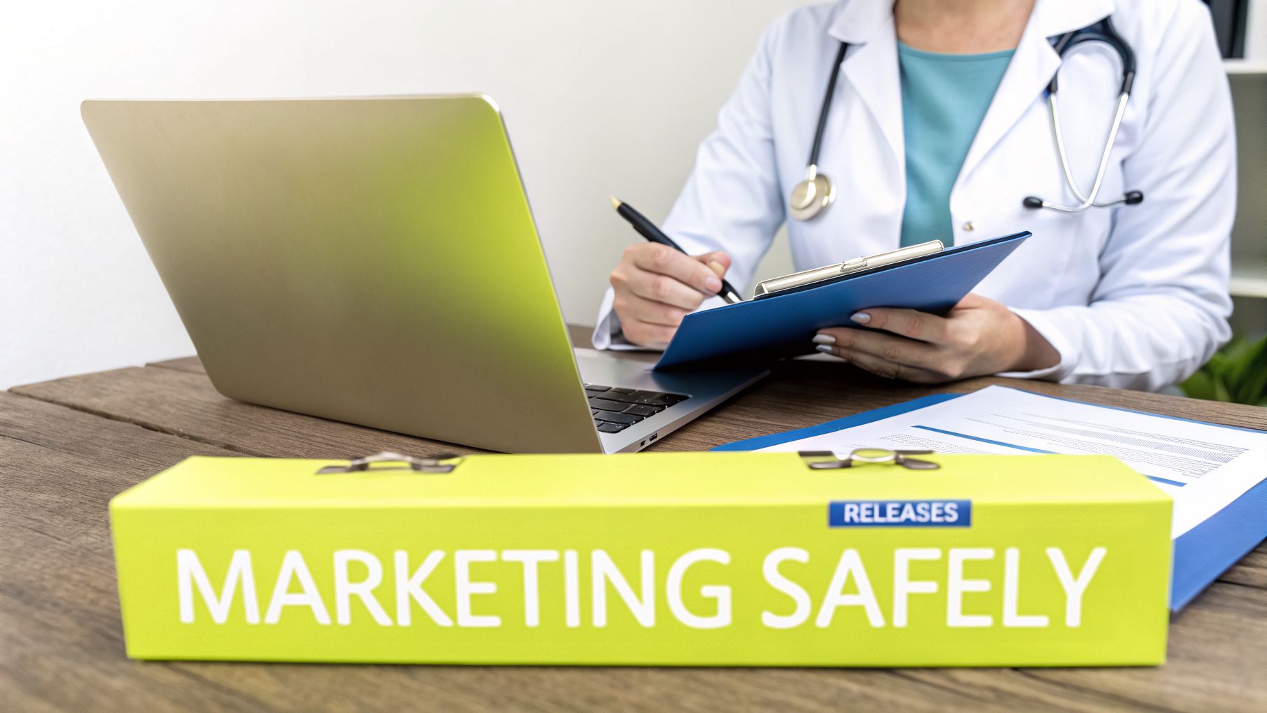 A doctor reviews documents at a desk with a laptop and a 'Marketing Safely' box.