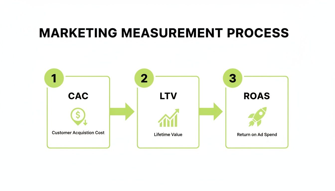 Infographic showing the marketing measurement process: Customer Acquisition Cost (CAC), Lifetime Value (LTV), and Return on Ad Spend (ROAS).