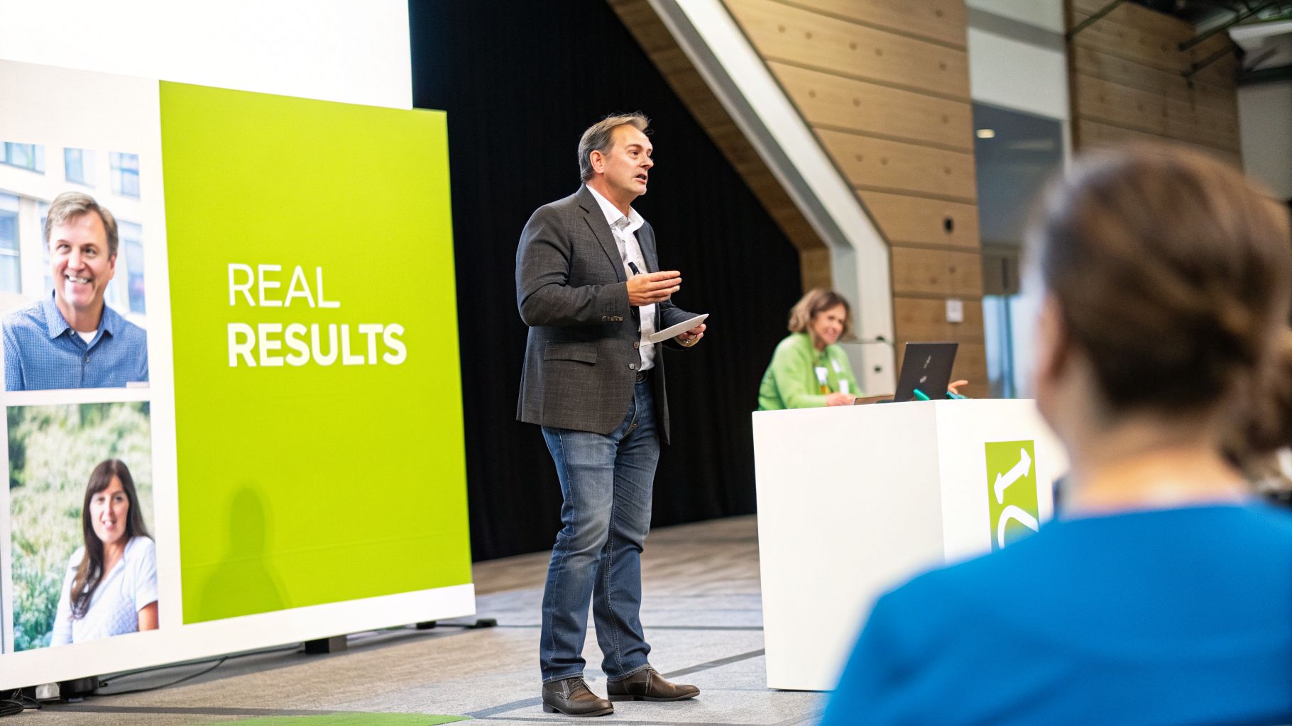 A male presenter on stage delivering a speech at a business conference, with 'REAL RESULTS' banner.