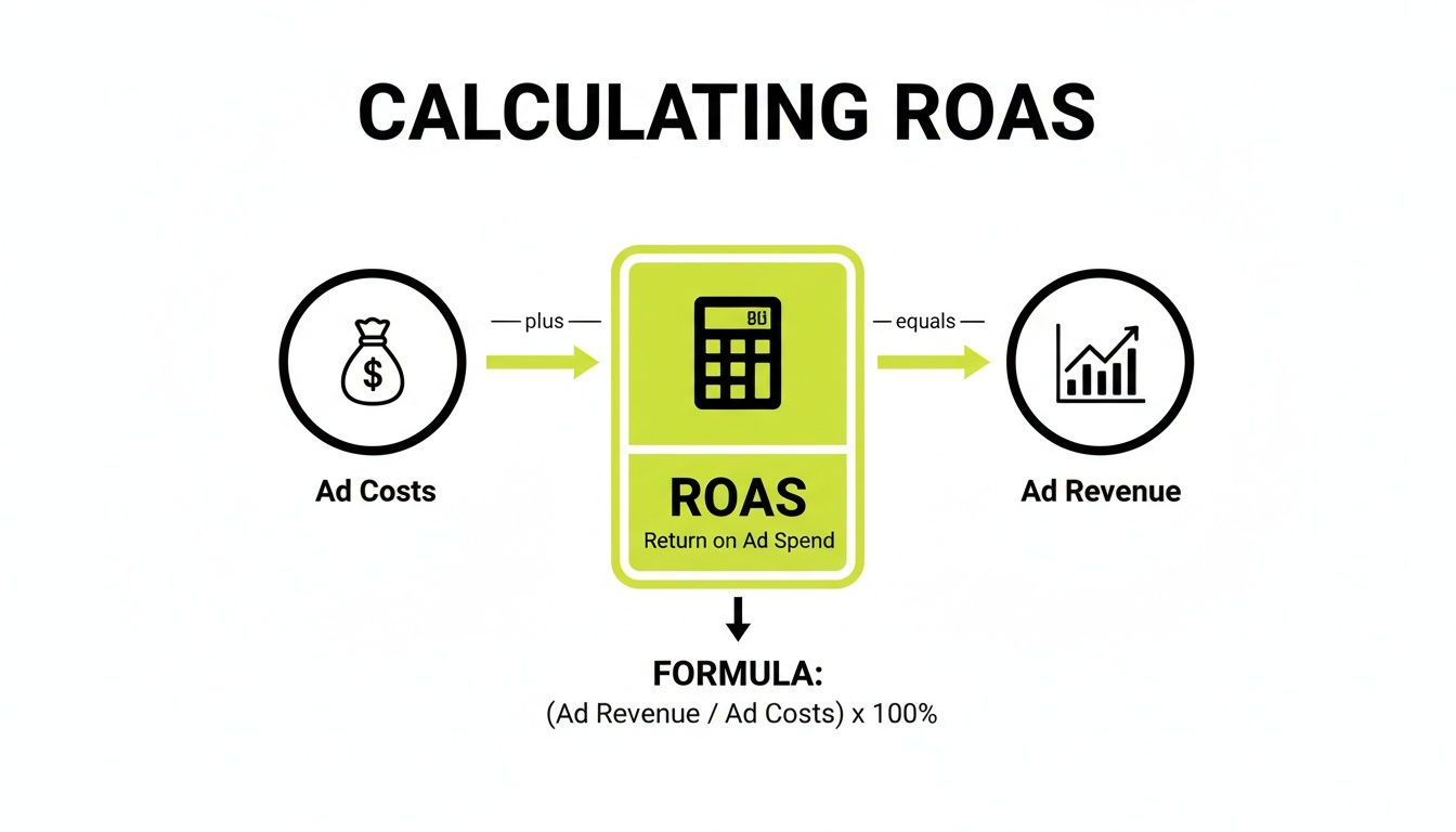 Diagram illustrating the calculation of Return on Ad Spend (ROAS) with its formula.