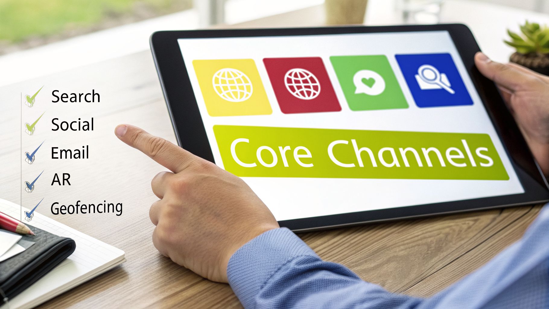 Person points to a tablet screen displaying 'Core Channels' with a checklist of digital marketing strategies.