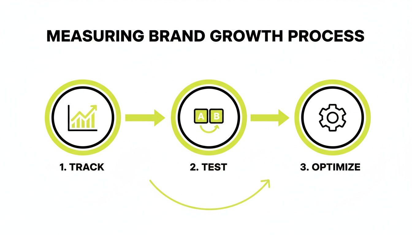 Visual process for brand growth measurement: Track data, Test strategies, Optimize results in a continuous loop.