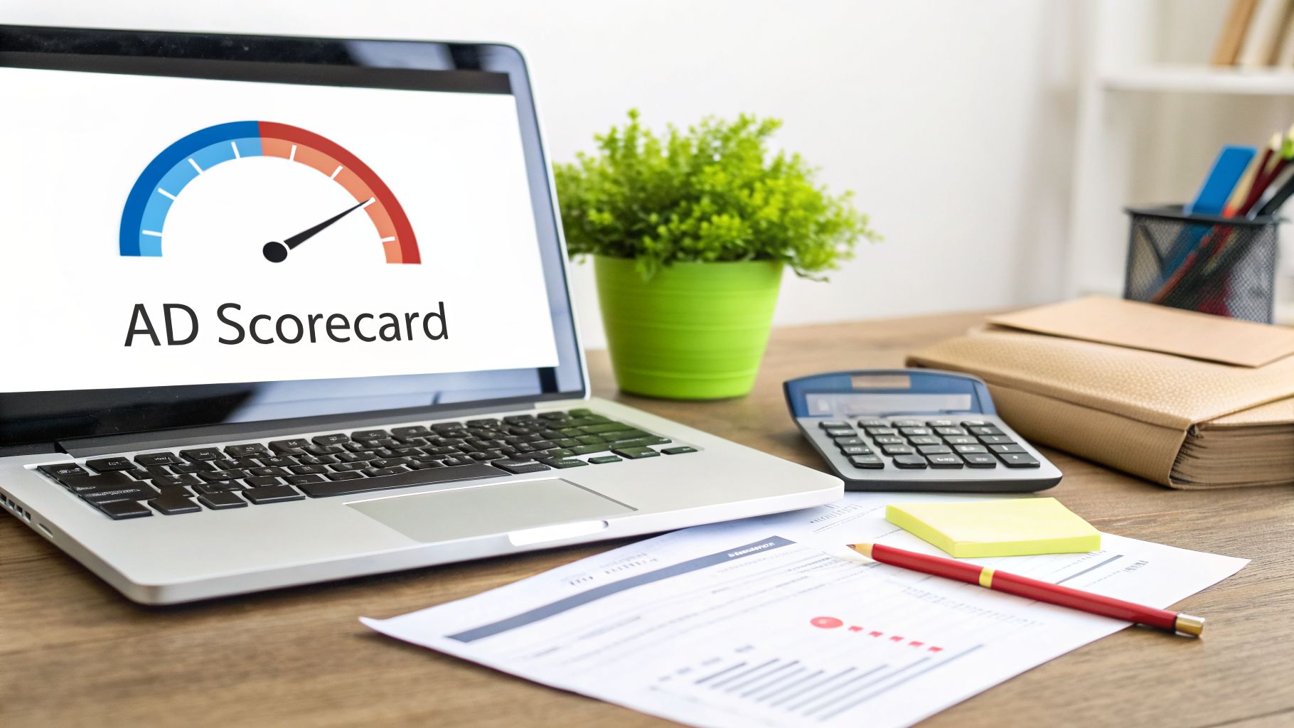A laptop screen displaying an "AD Scorecard" with a performance gauge in the red zone, on an office desk.
