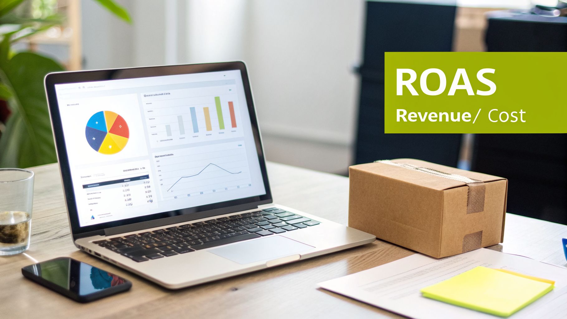 A desk with a laptop showing ROAS analytics, a smartphone, and a package, illustrating business performance.