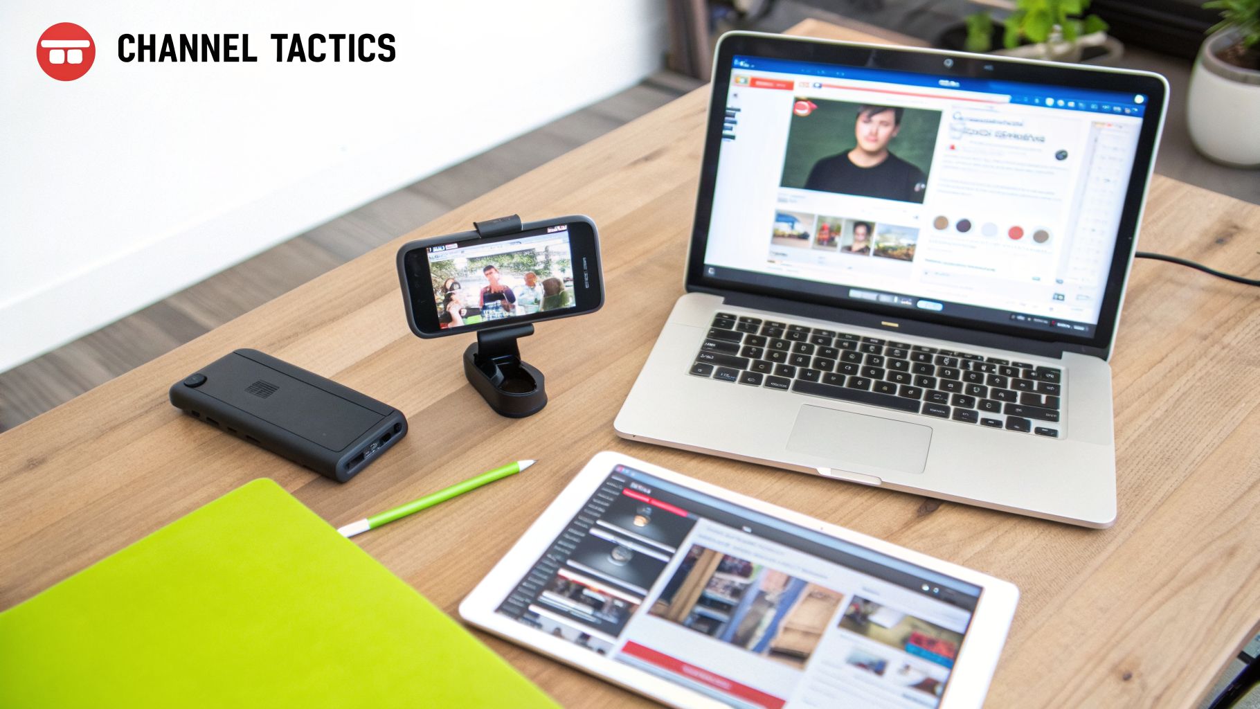 A wooden desk featuring a laptop, smartphone on a stand, tablet, and power bank for content creation.
