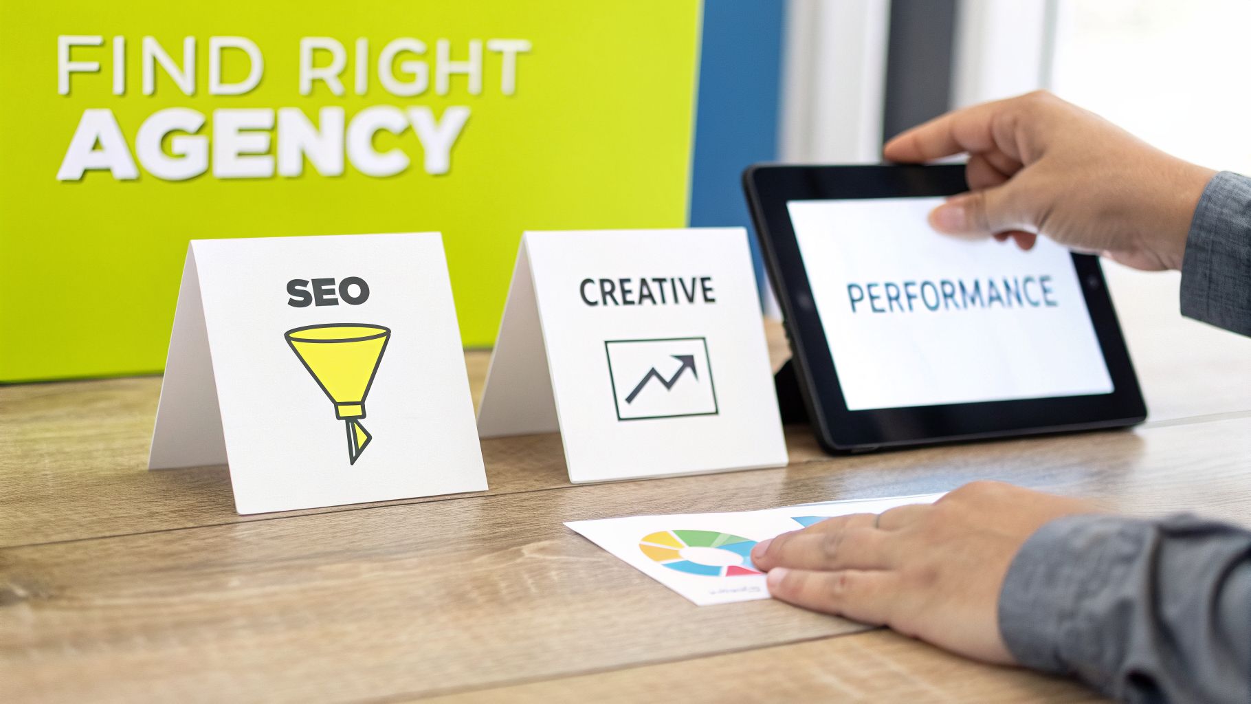 Hands interact with a tablet and cards illustrating SEO, creative, and performance for choosing a marketing agency.