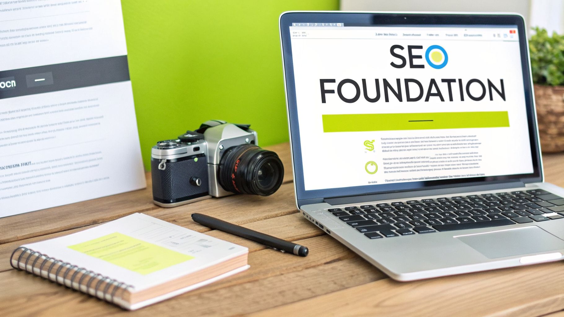 A laptop displays 'SEO FOUNDATION' on its screen, placed on a wooden desk with a camera, notebook, and pen.