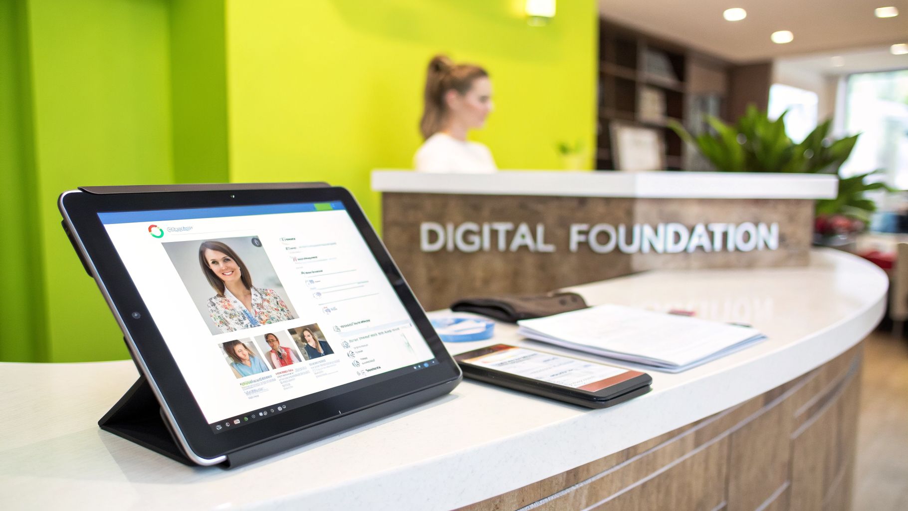 Modern reception desk with a tablet showing a professional profile, smartphone, and documents, suggesting digital services.