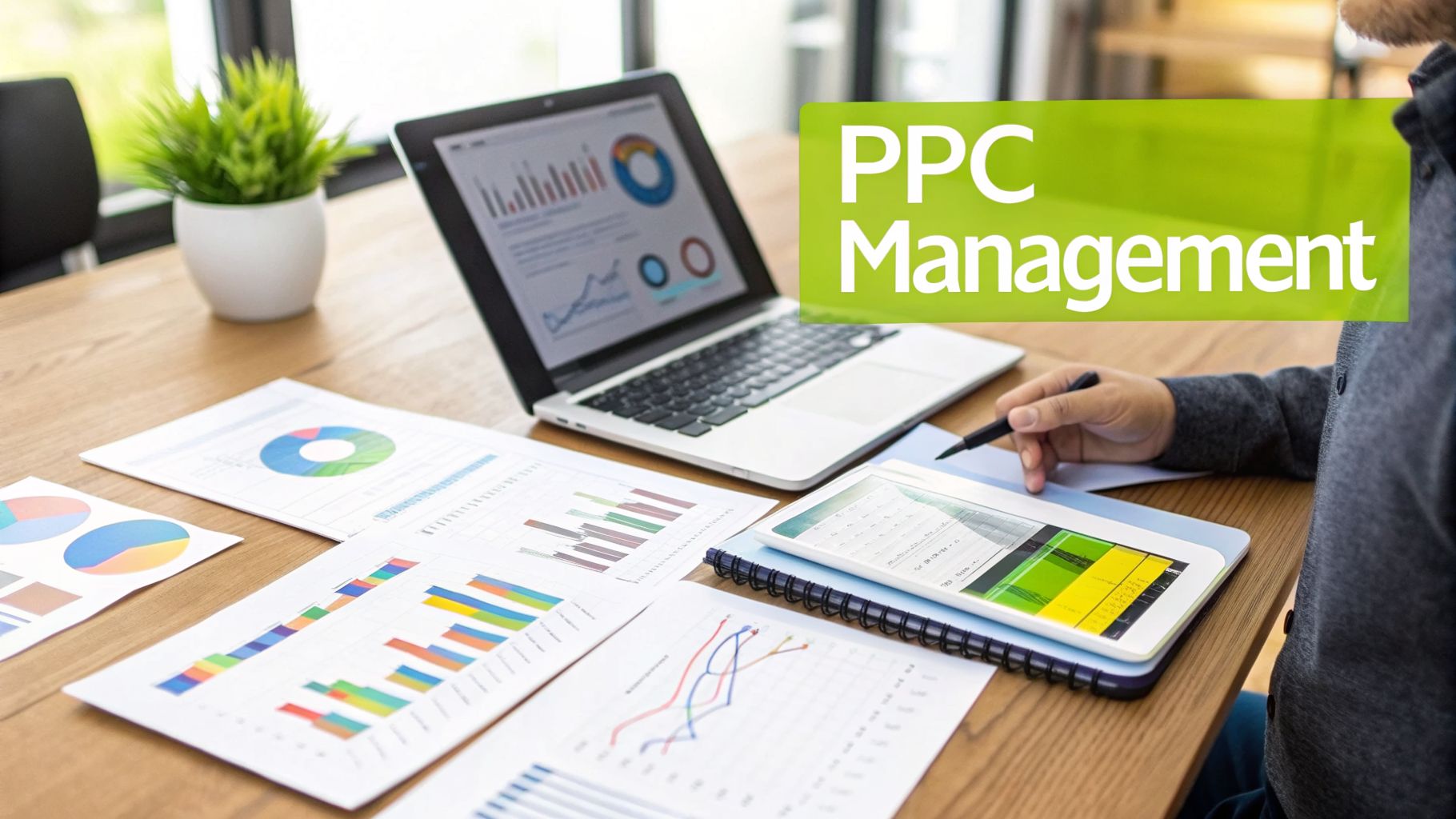 A person analyzing PPC management data on a laptop, tablet, and printed charts.