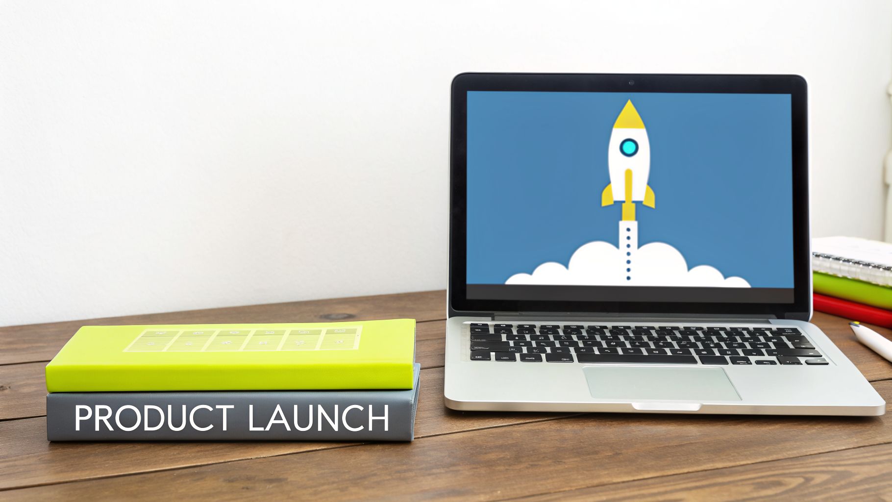 A laptop displaying a rocket launch graphic next to 'PRODUCT LAUNCH' books on a desk.