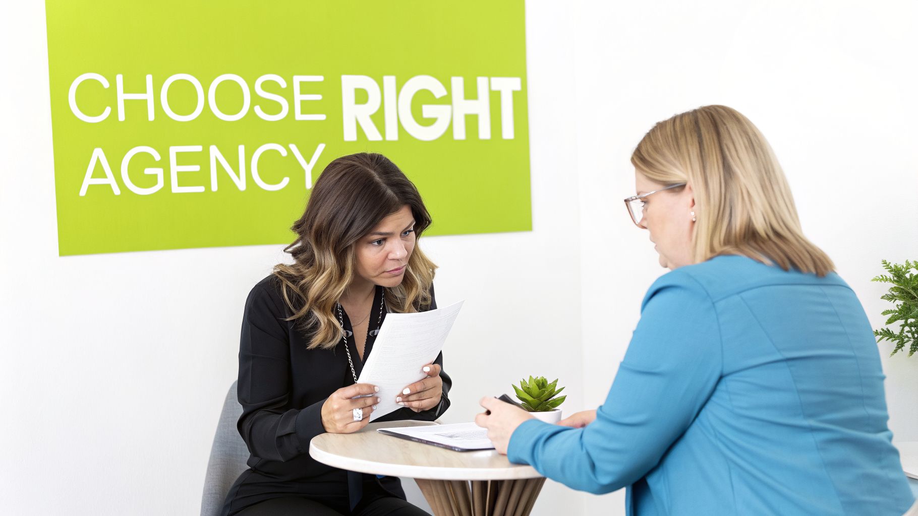 Two women discussing documents at a table with a 'Choose Right Agency' sign.