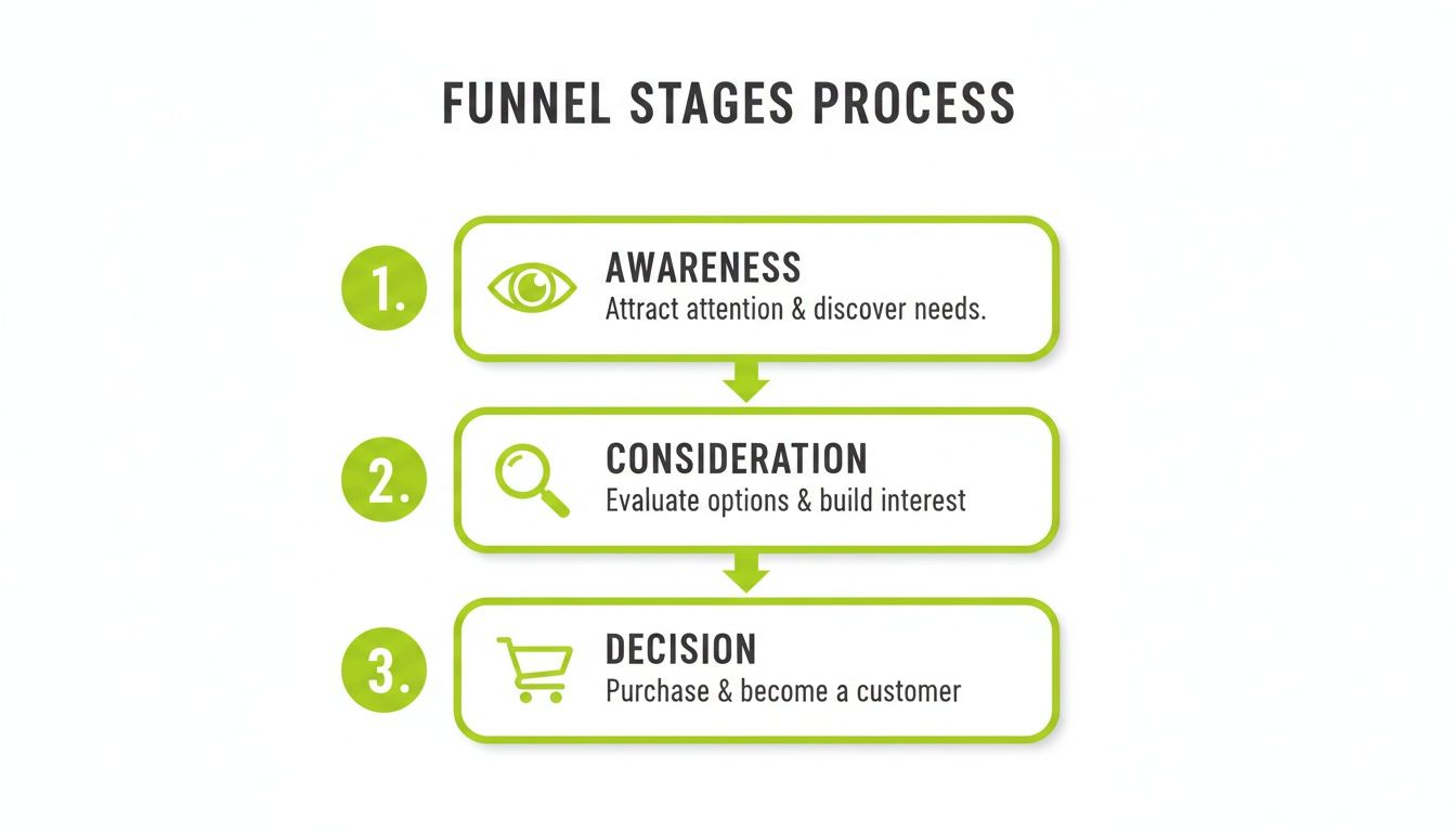 A three-stage marketing funnel process diagram detailing awareness, consideration, and decision steps with icons.