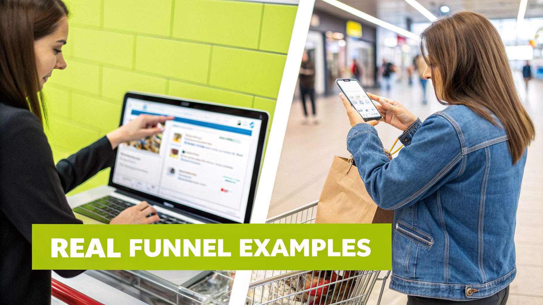Two women engaging with technology; one uses a laptop, another a phone while shopping, showing funnel examples.