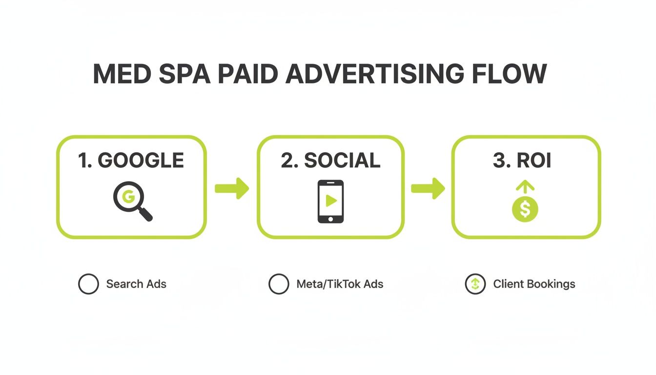 Flowchart illustrating Med Spa paid advertising steps: Google Search Ads, Social Media Ads (Meta/TikTok), leading to ROI and client bookings.