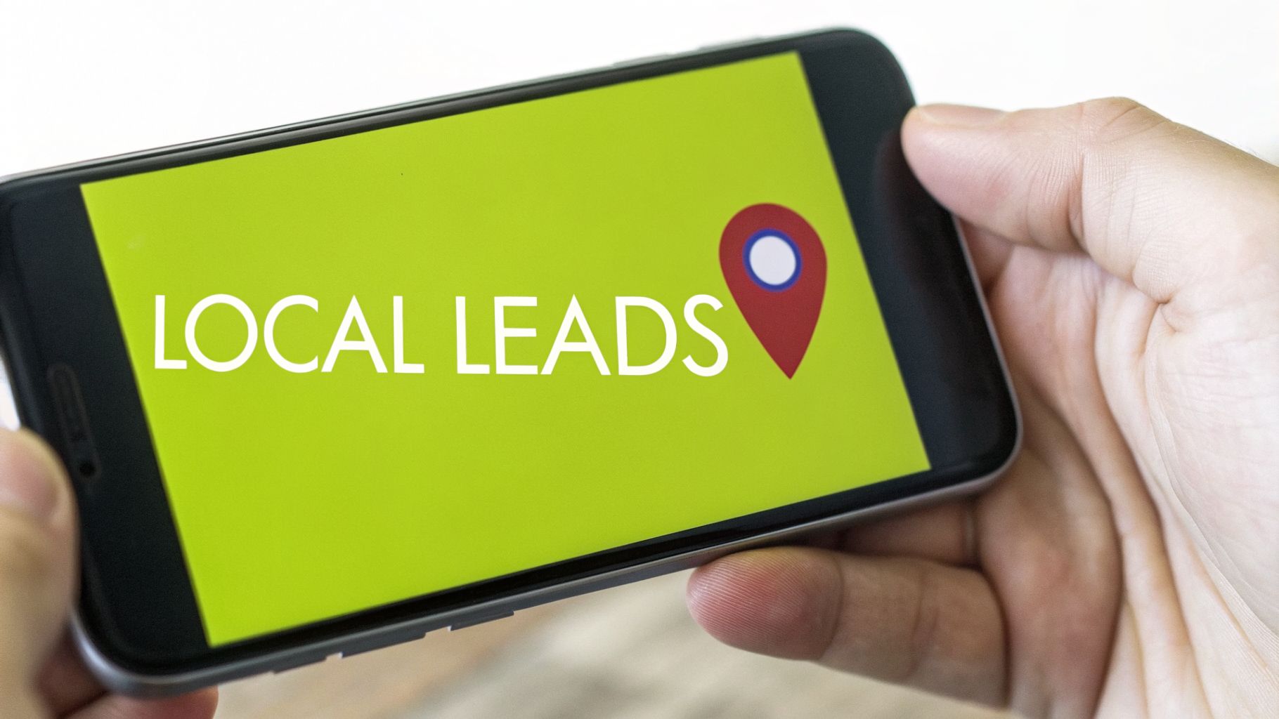 A close-up of hands holding a smartphone displaying "LOCAL LEADS" with a red map pin icon.