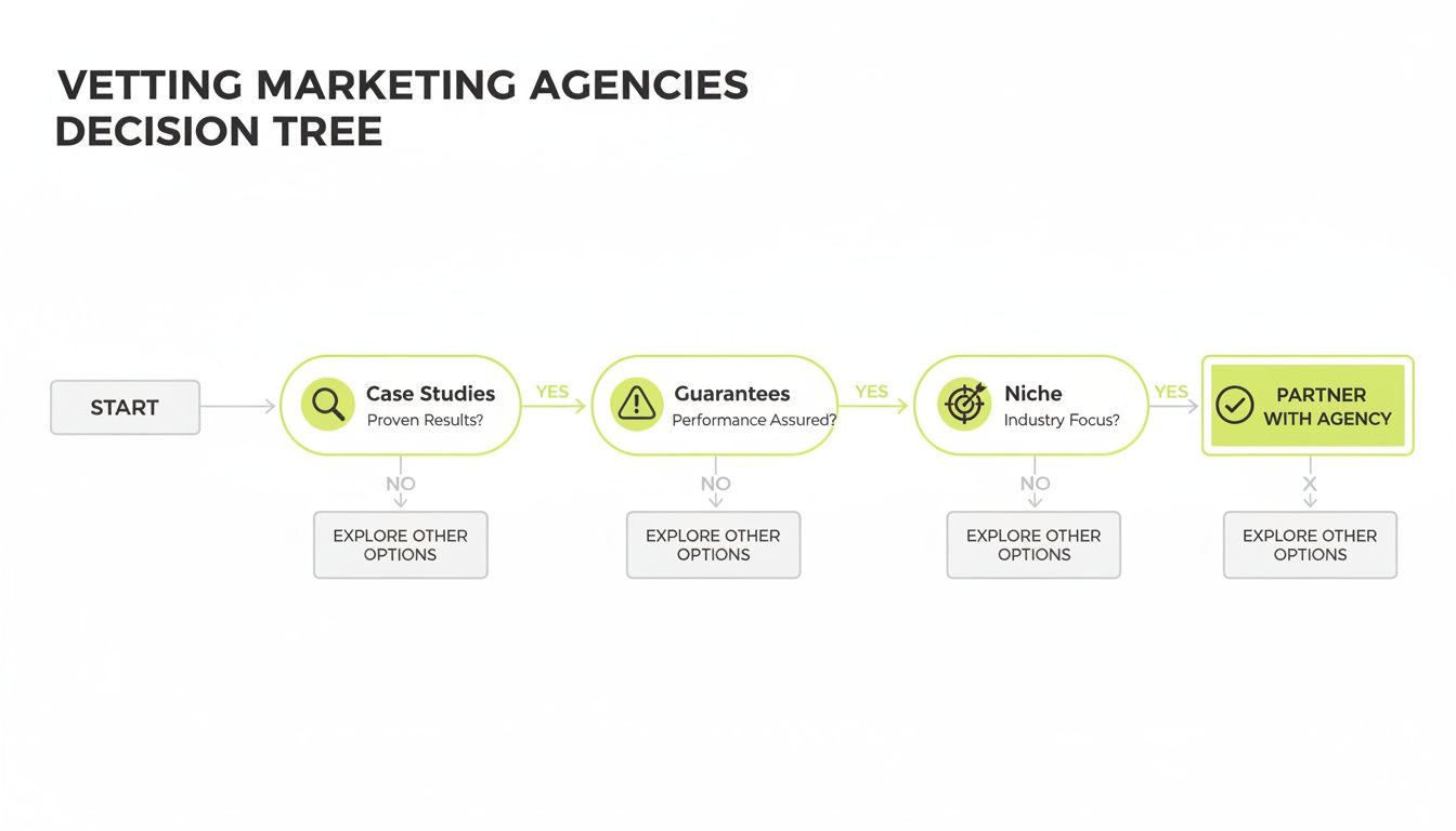 A decision tree illustrating steps to vet marketing agencies, including checking case studies, guarantees, and niche focus.