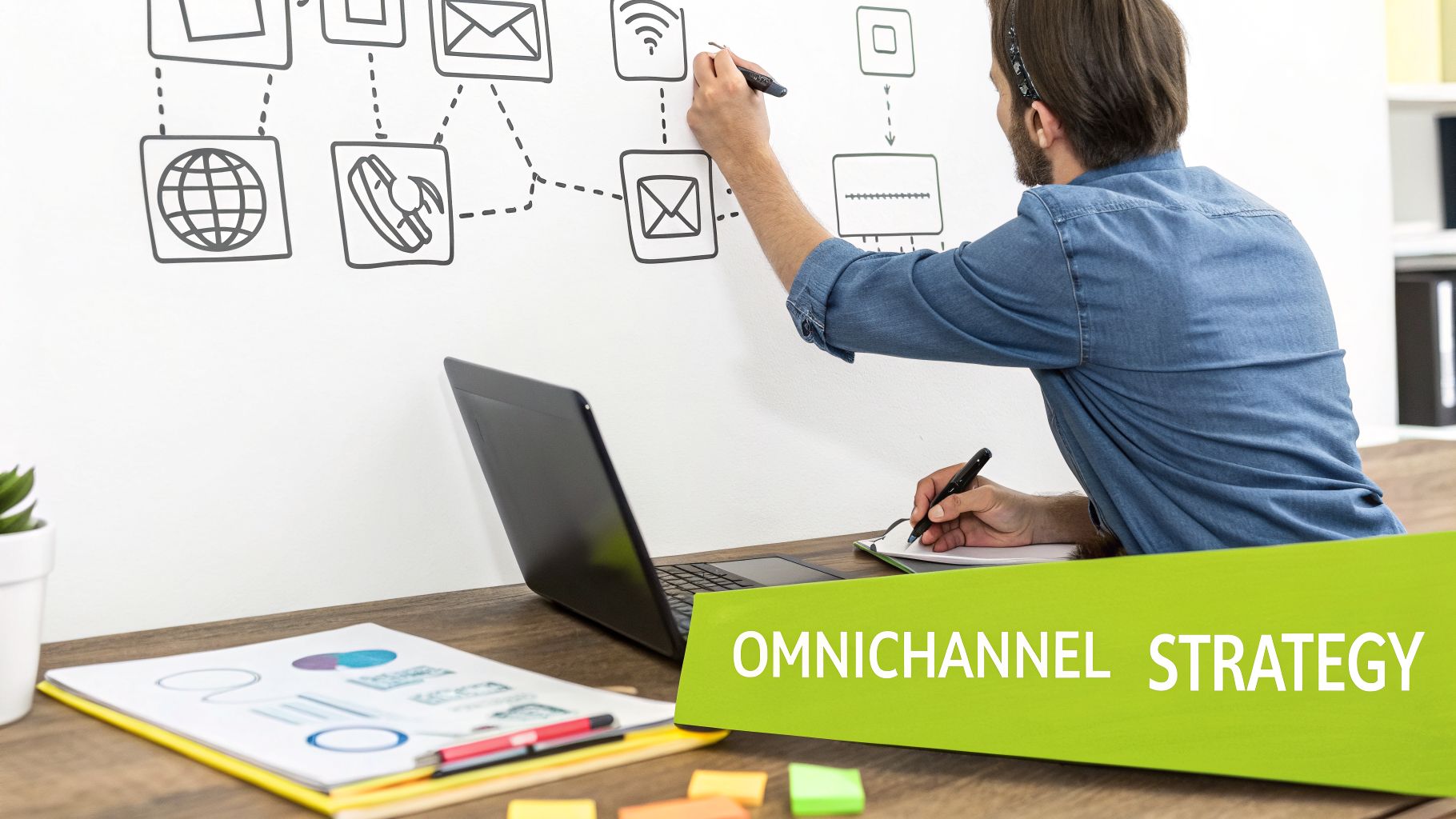 A person diagrams interconnected communication channels on a wall, with a laptop and papers, featuring 'OMNICHANNEL STRATEGY'.