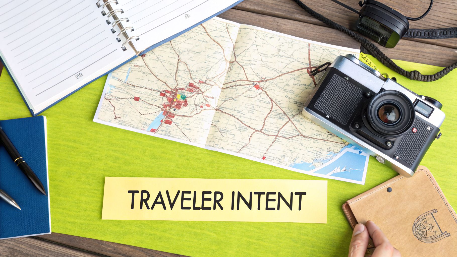 Overhead view of travel planning items like a map, camera, and 'TRAVELER INTENT' message.