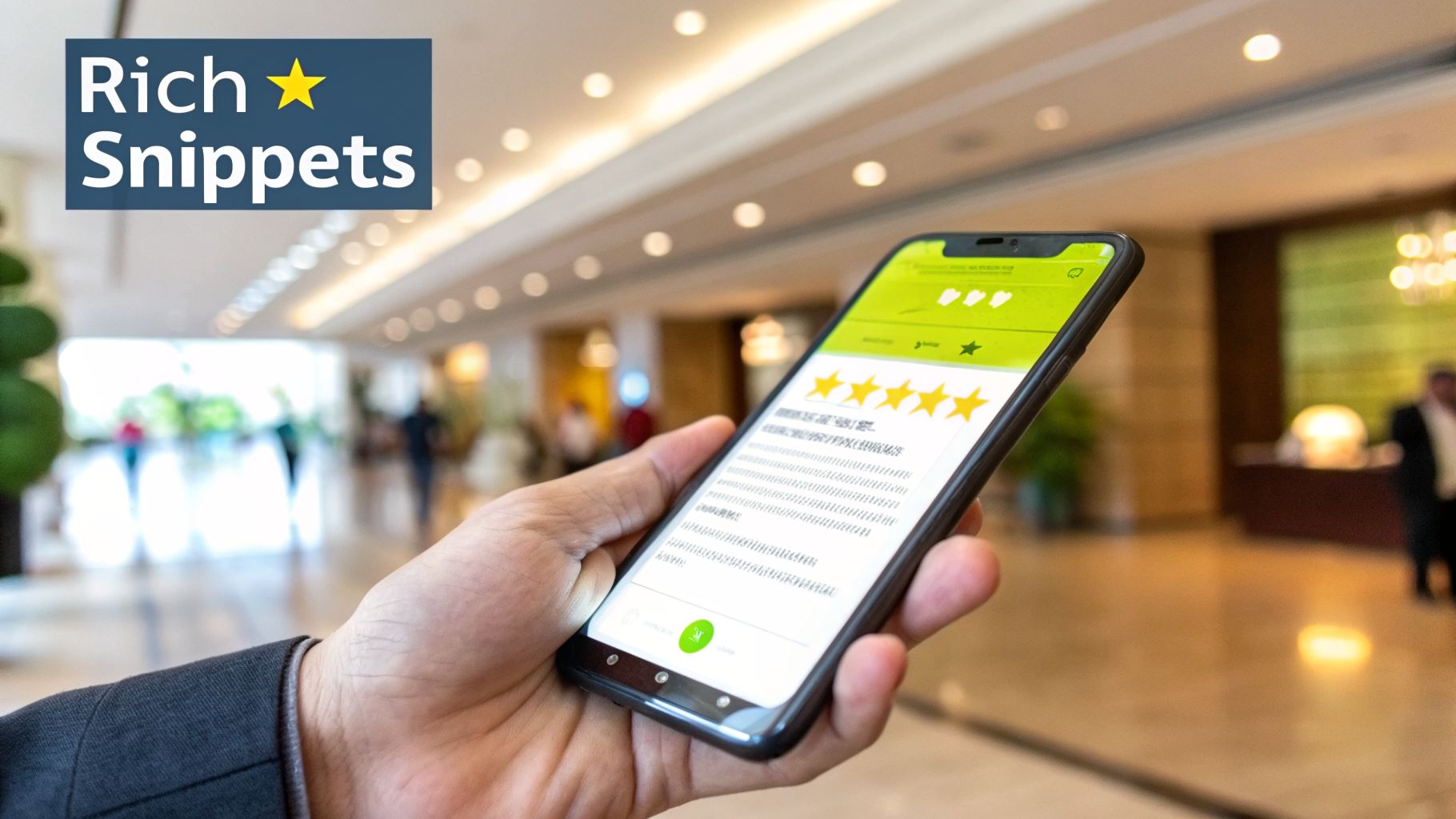 Hand holding a smartphone displaying a four-star customer review in a hotel lobby, with 'Rich Snippets' overlay.