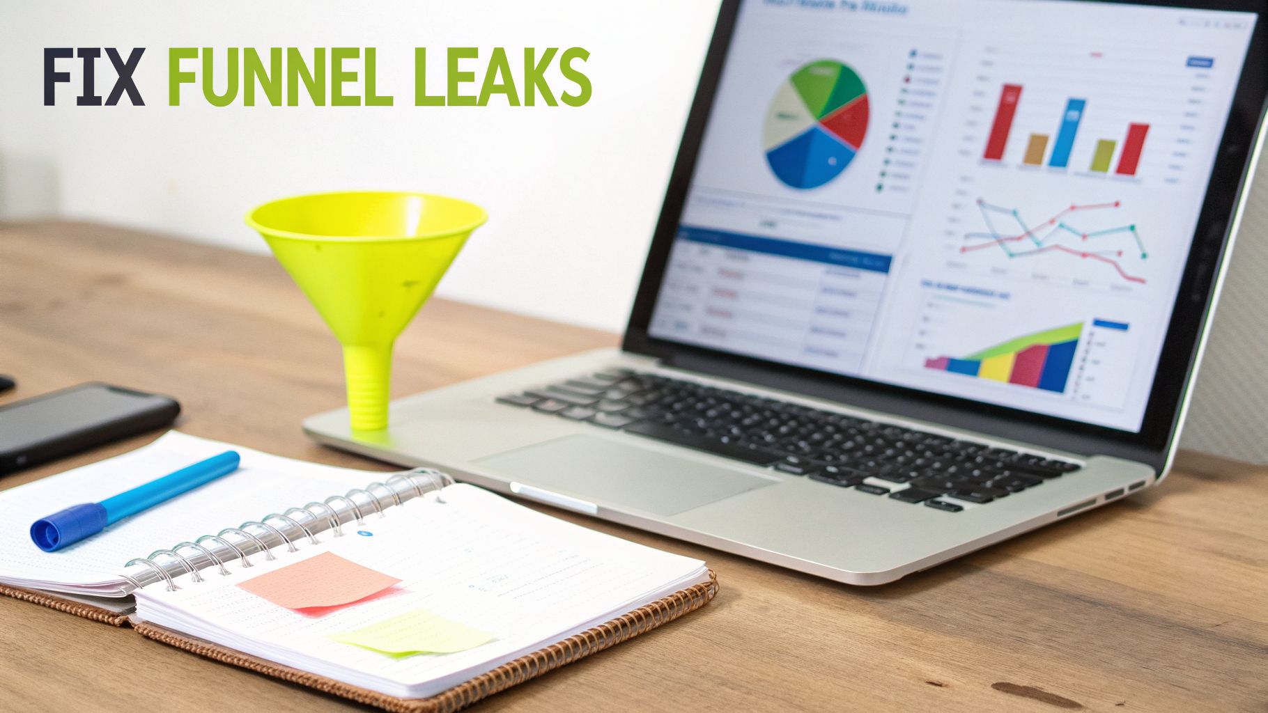 A desktop with a laptop displaying business analytics, a green marketing funnel, and notes for strategy.