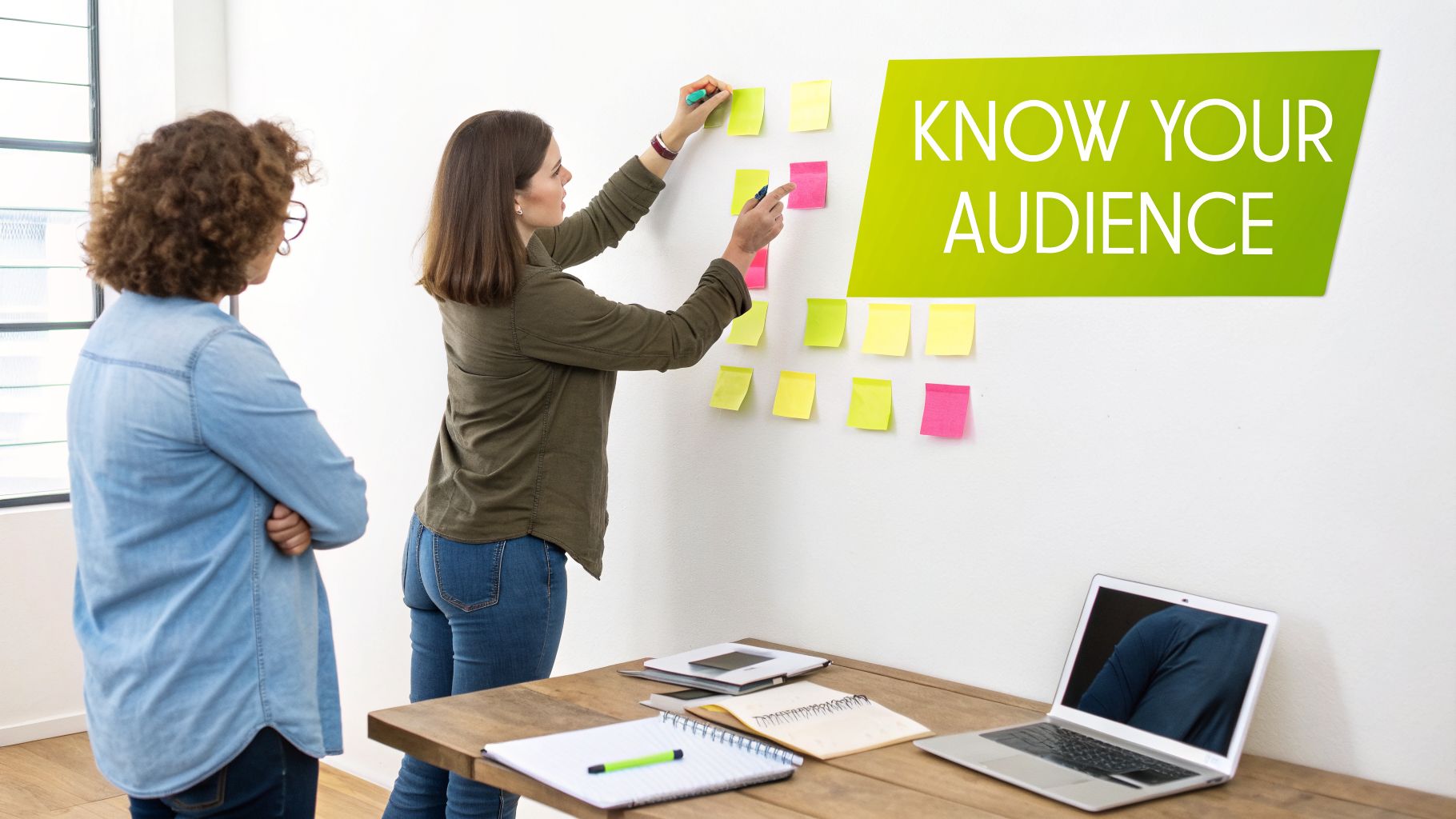 Two women brainstorming on a wall with sticky notes, next to a 'KNOW YOUR AUDIENCE' sign.