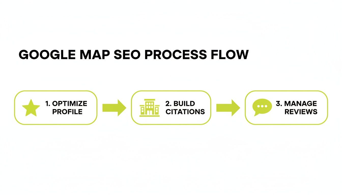 Flowchart illustrating the Google Map SEO process with three key steps: optimize profile, build citations, and manage reviews.