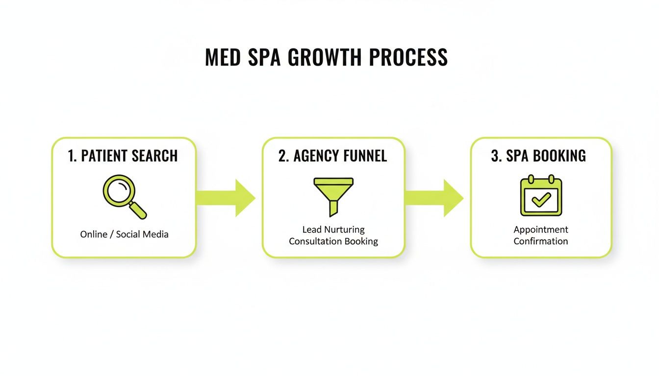 Flowchart illustrating the med spa growth process from patient search to appointment booking and confirmation.