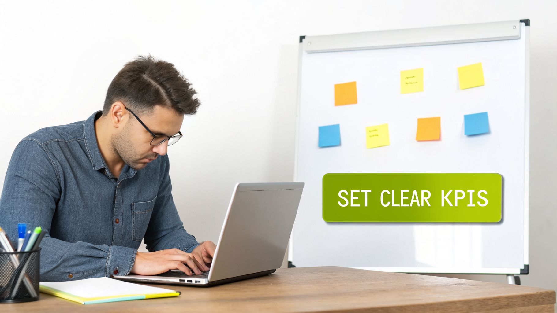 Man working on a laptop in front of a whiteboard with "SET CLEAR KPIS" banner and sticky notes.