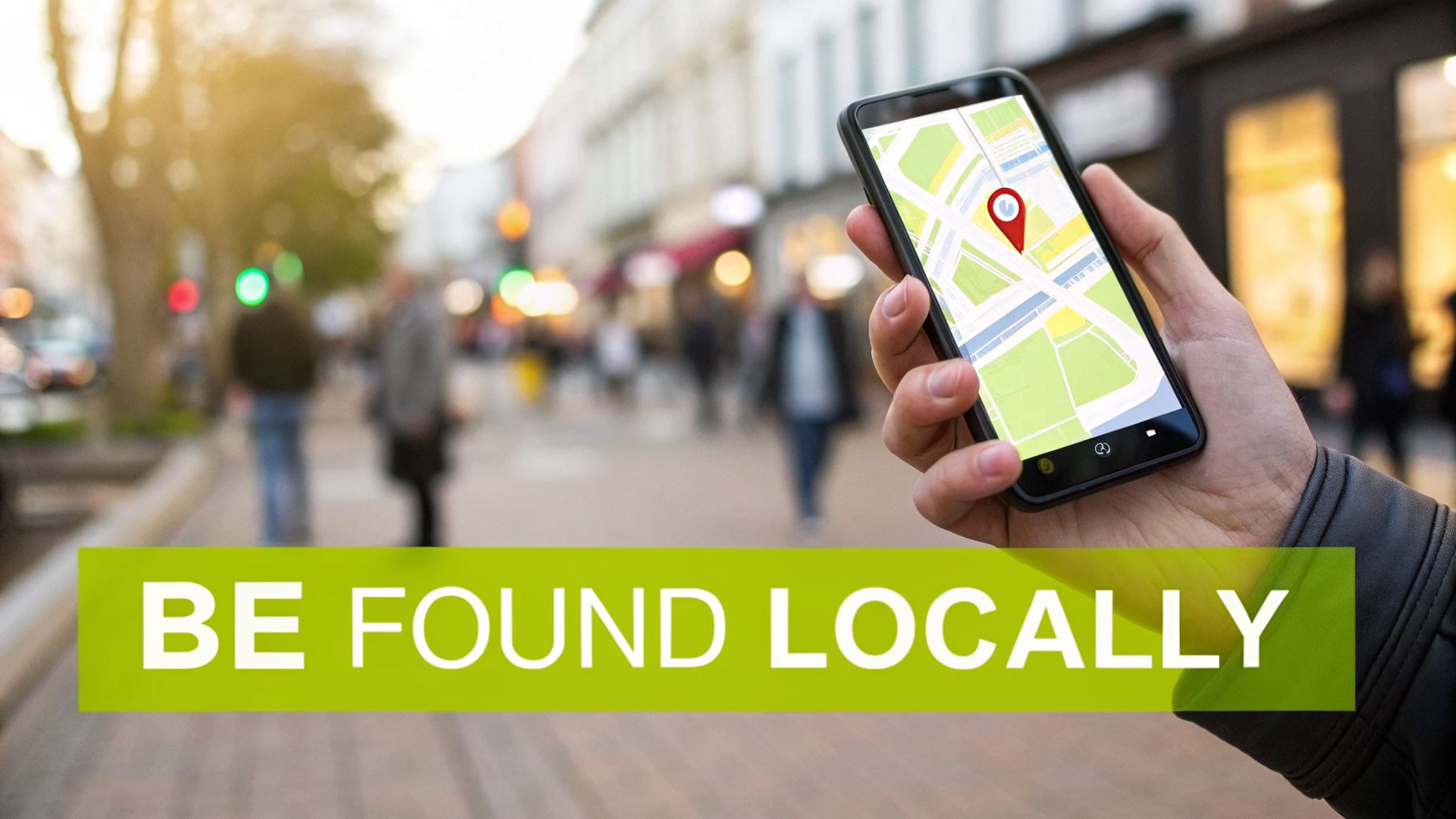 A hand holds a smartphone displaying a map with a red location pin, against a blurred city street, promoting local search.