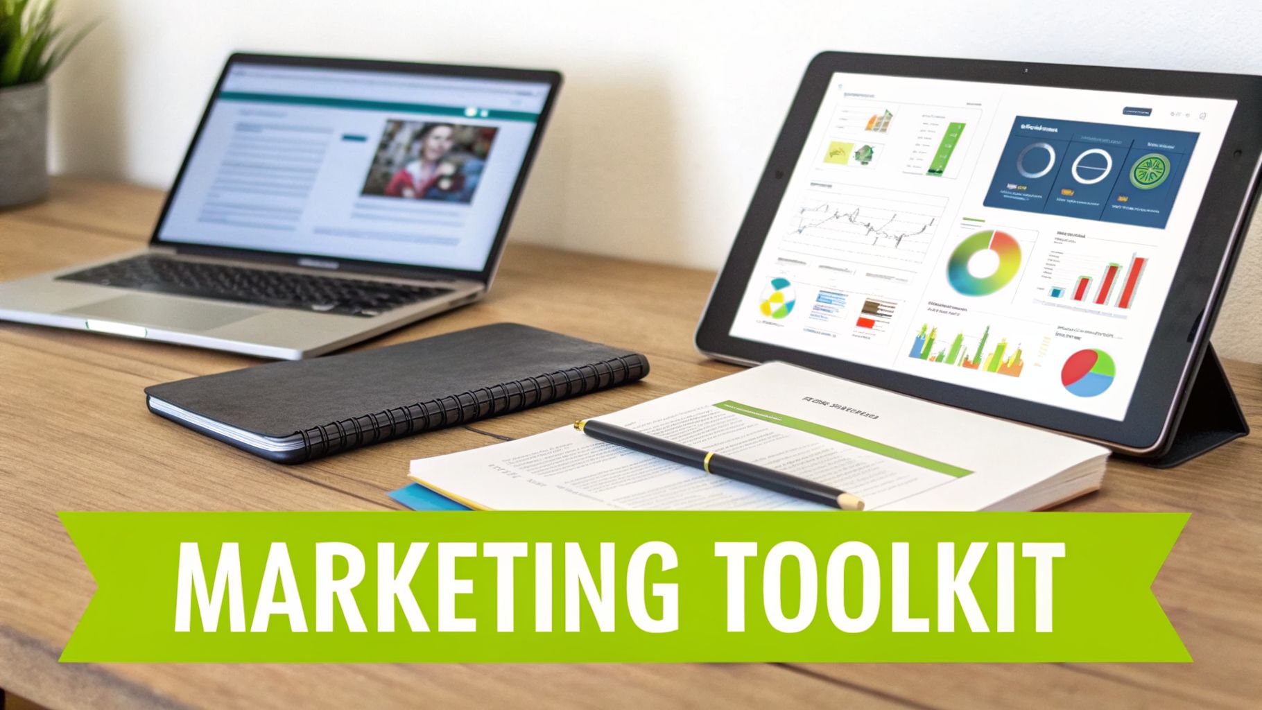 A marketing toolkit setup with a laptop, tablet displaying analytics, notebook, and pen on a desk.