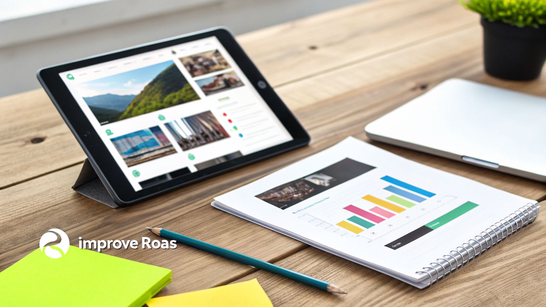 Digital marketing workspace with tablet, data report, laptop, and stationery, emphasizing Return on Ad Spend.