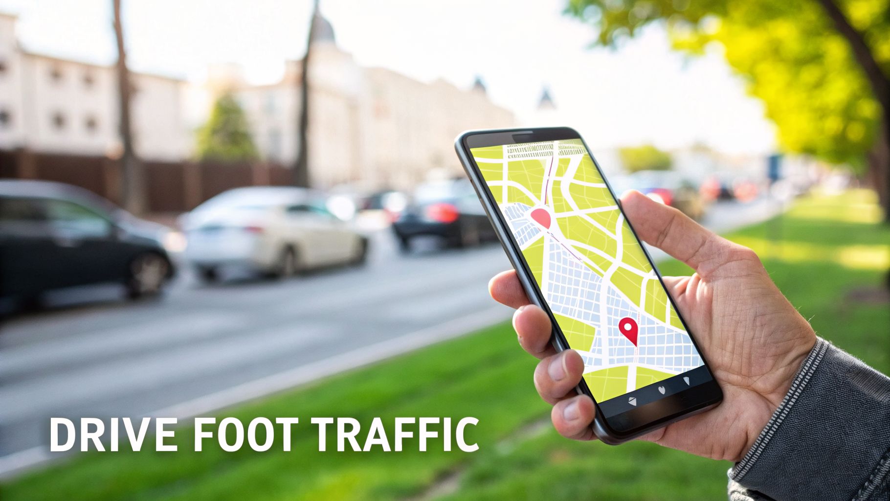 A hand holding a smartphone displaying a map with a red location pin, and 'DRIVE FOOT TRAFFIC' text.