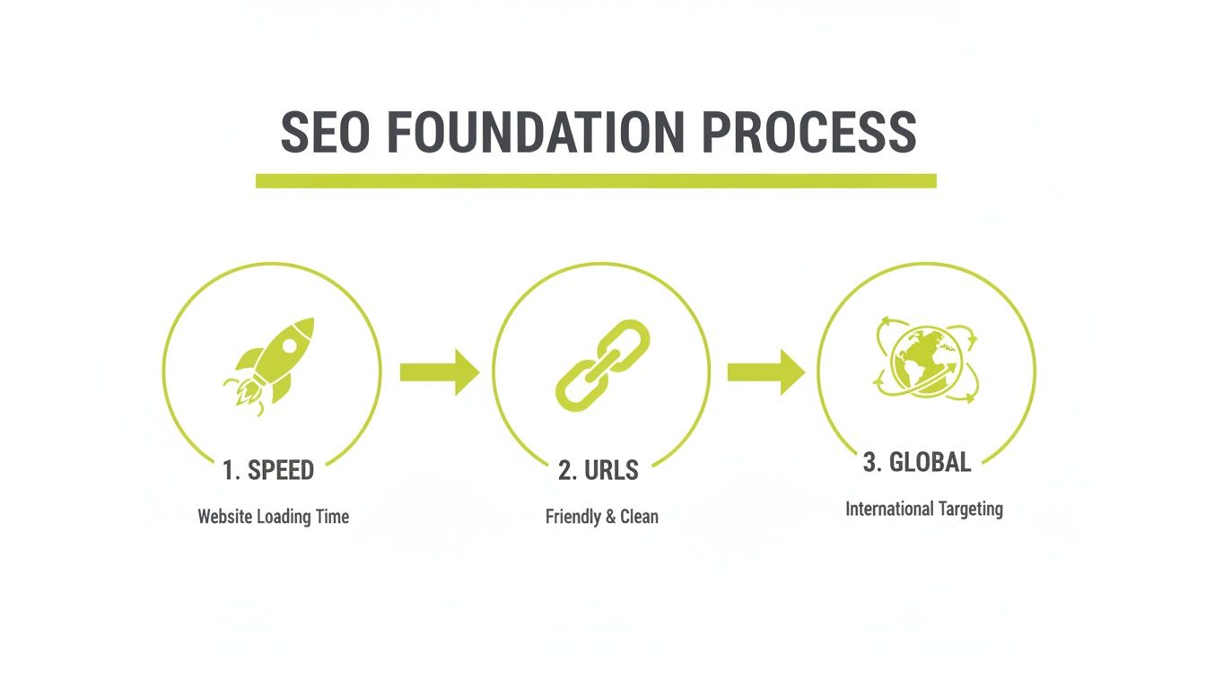 An infographic illustrating the SEO foundation process with three key steps: speed, URLs, and global targeting.