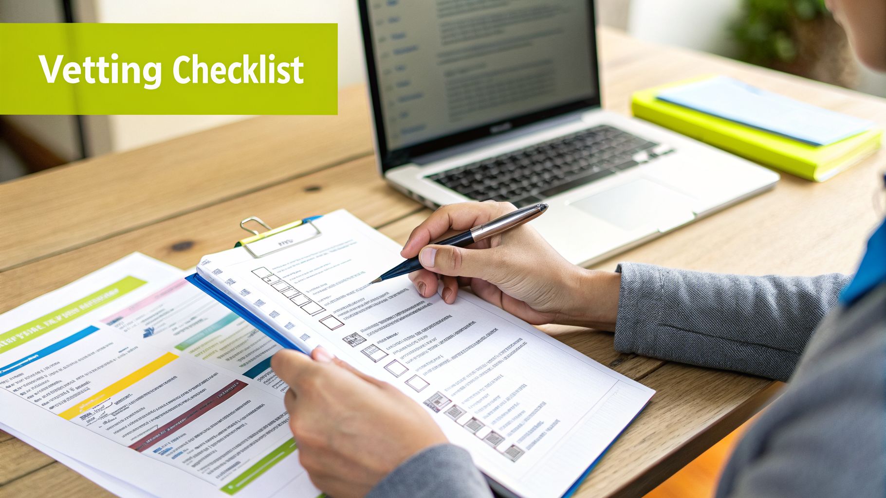 A person fills out a 'Vetting Checklist' on a clipboard, sitting at a desk with a laptop.