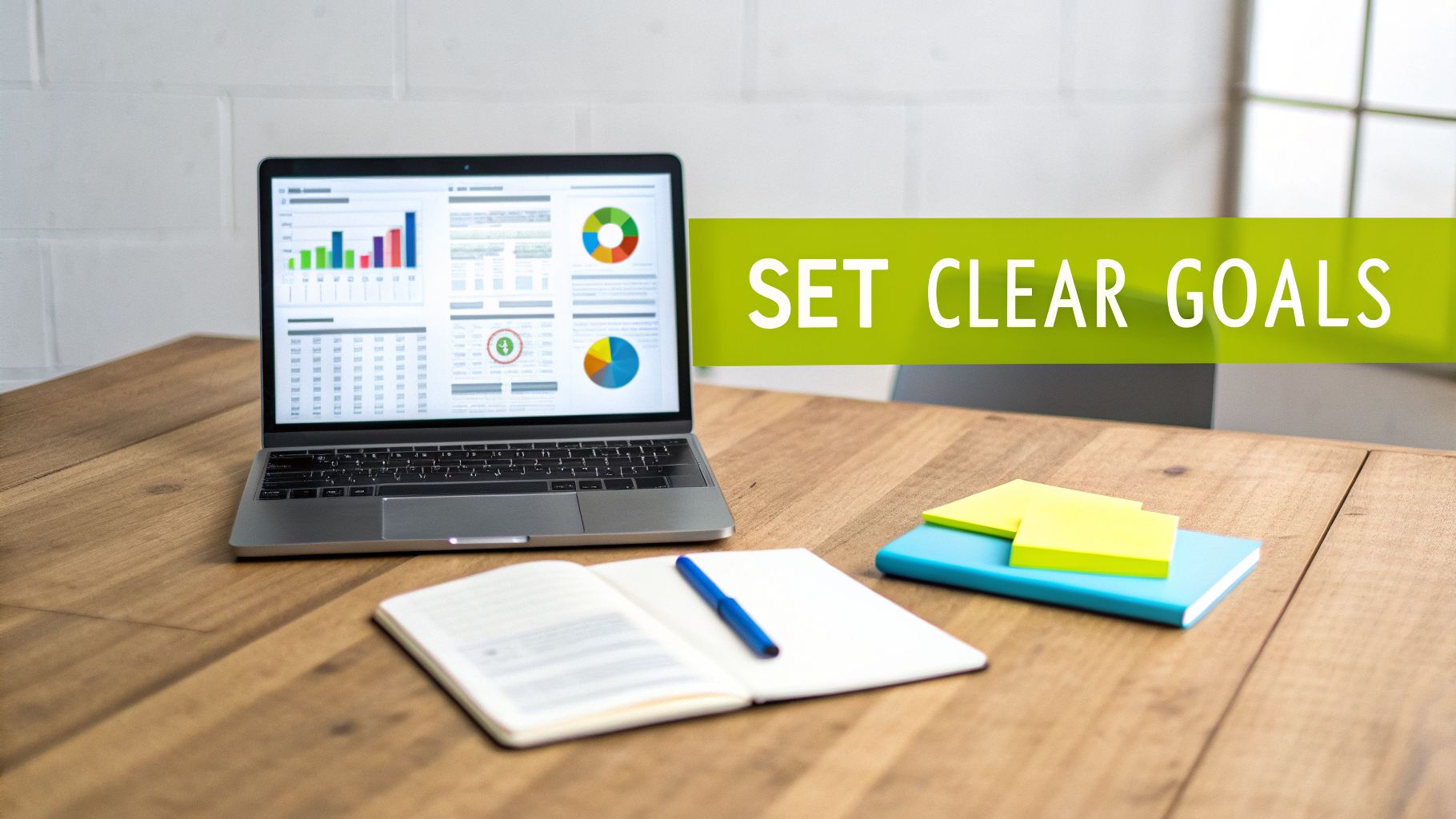 Laptop with data charts on a wooden desk, open notebook, and sticky notes, with 'SET CLEAR GOALS' text.