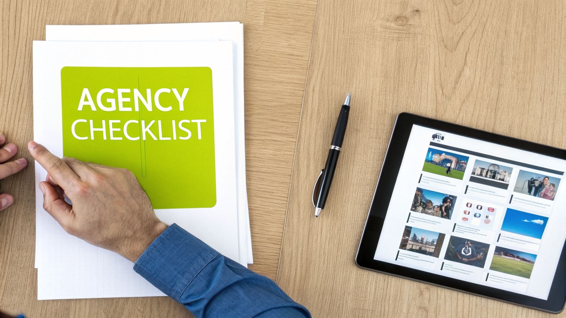 Hands pointing at an "AGENCY CHECKLIST" document on a desk with a digital tablet and pen.