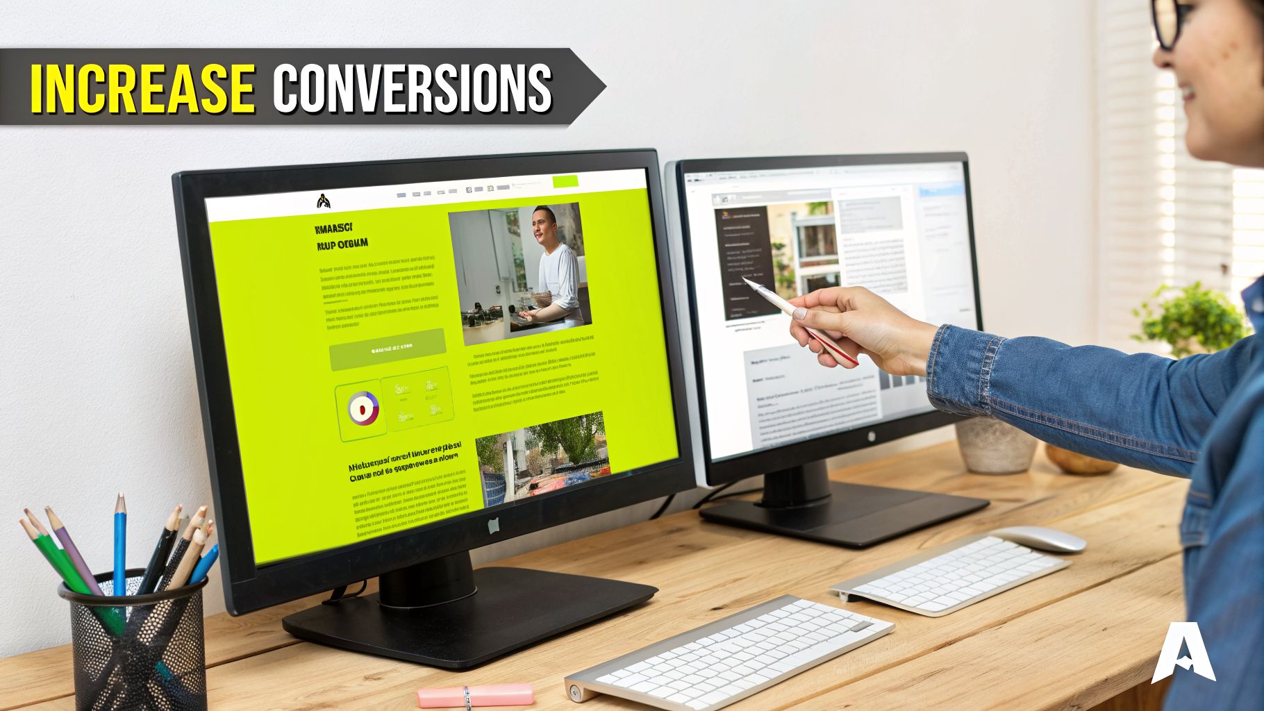 A person analyzing website conversion strategies on dual computer monitors with 'Increase Conversions' text.