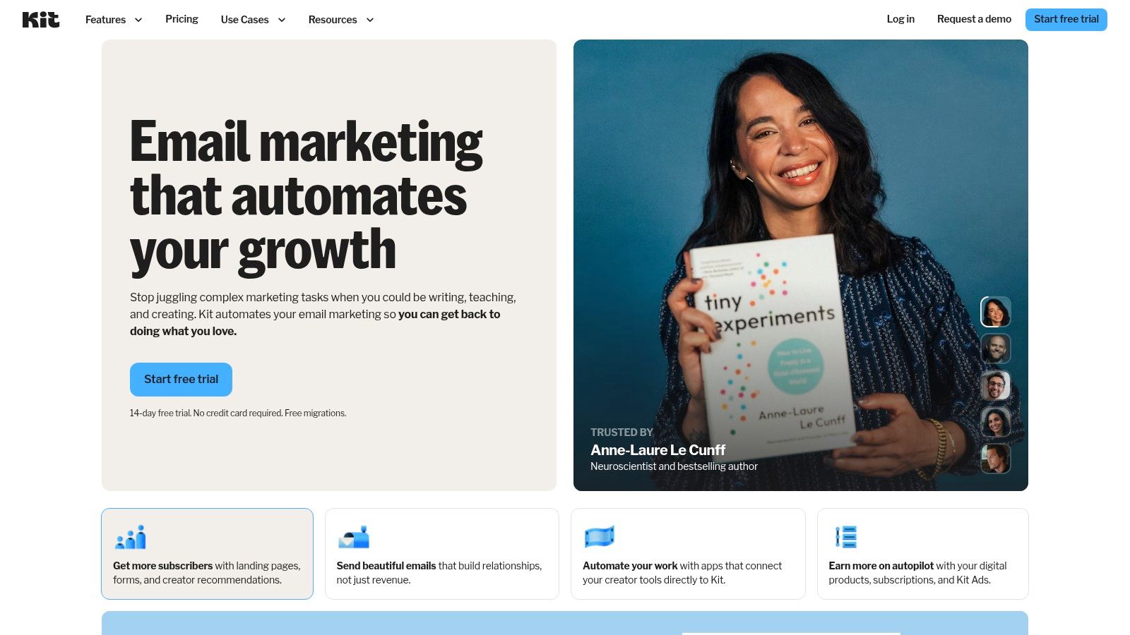 Kit (formerly ConvertKit) landing page showcasing its features for creators.