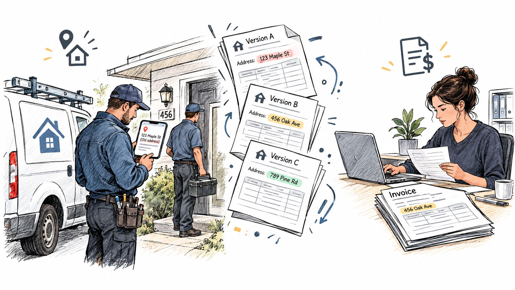 Een technicus bij een woning en een kantoormedewerker werken samen met consistente digitale documentatie en factuurgegevens.