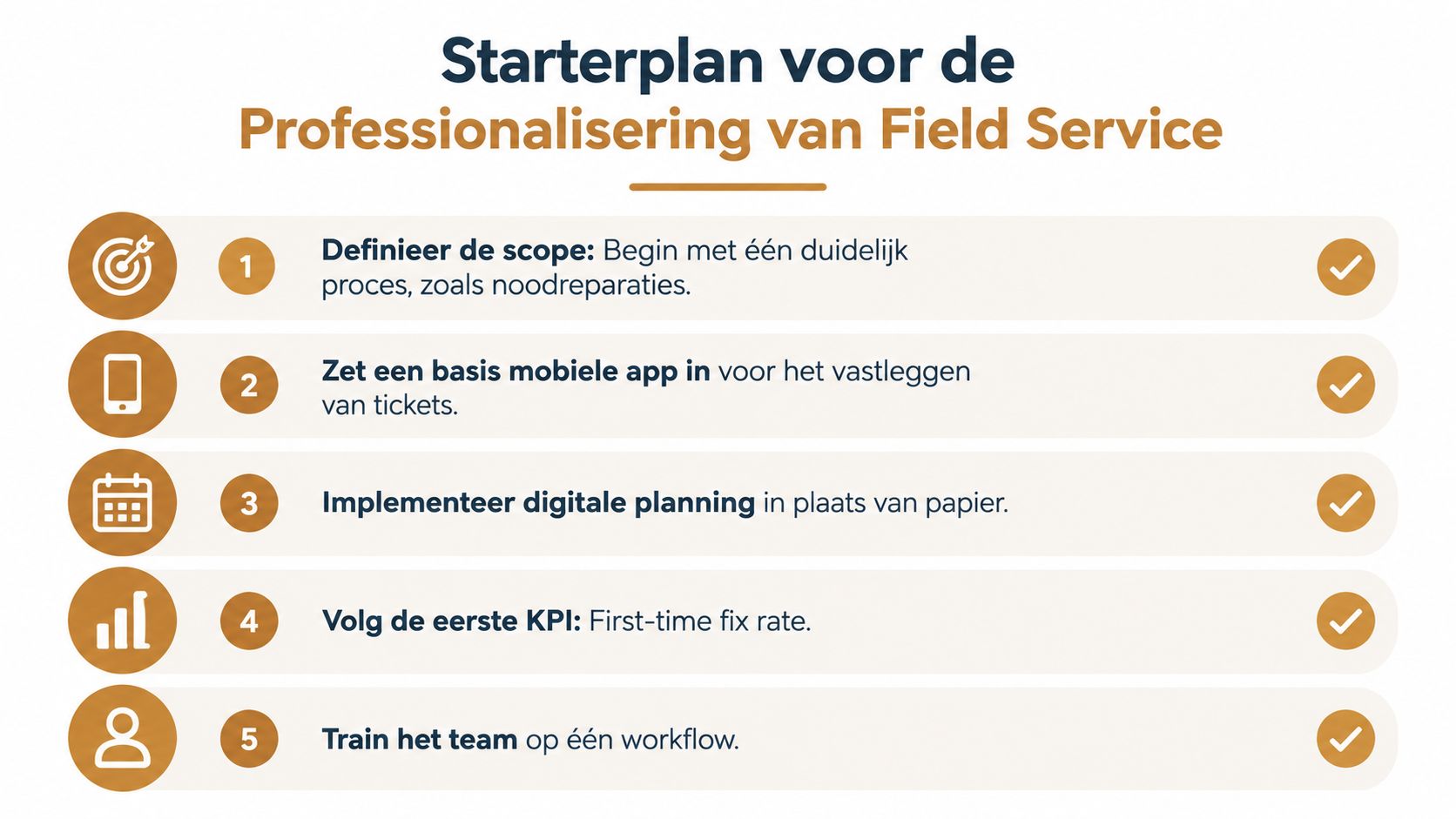 Een stappenplan voor het professionaliseren van field service, weergegeven als een overzichtelijke lijst met vijf actiepunten.