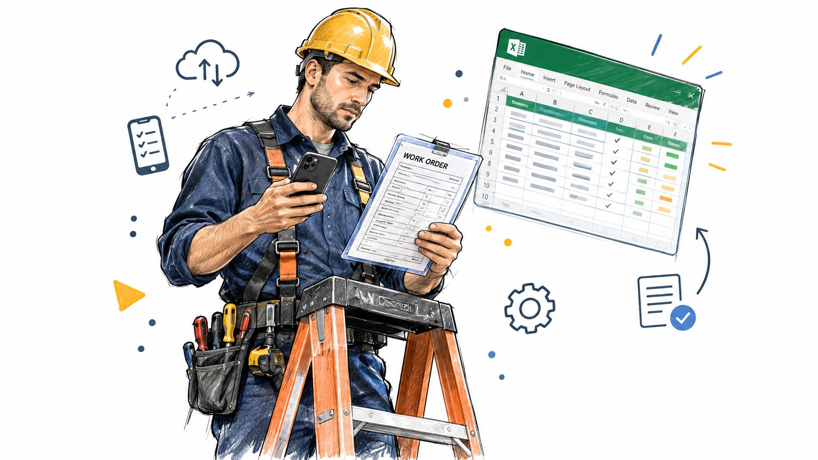 Een bouwvakker op een ladder beheert werkorders met een smartphone en digitale spreadsheet voor bouwprojectmanagement.