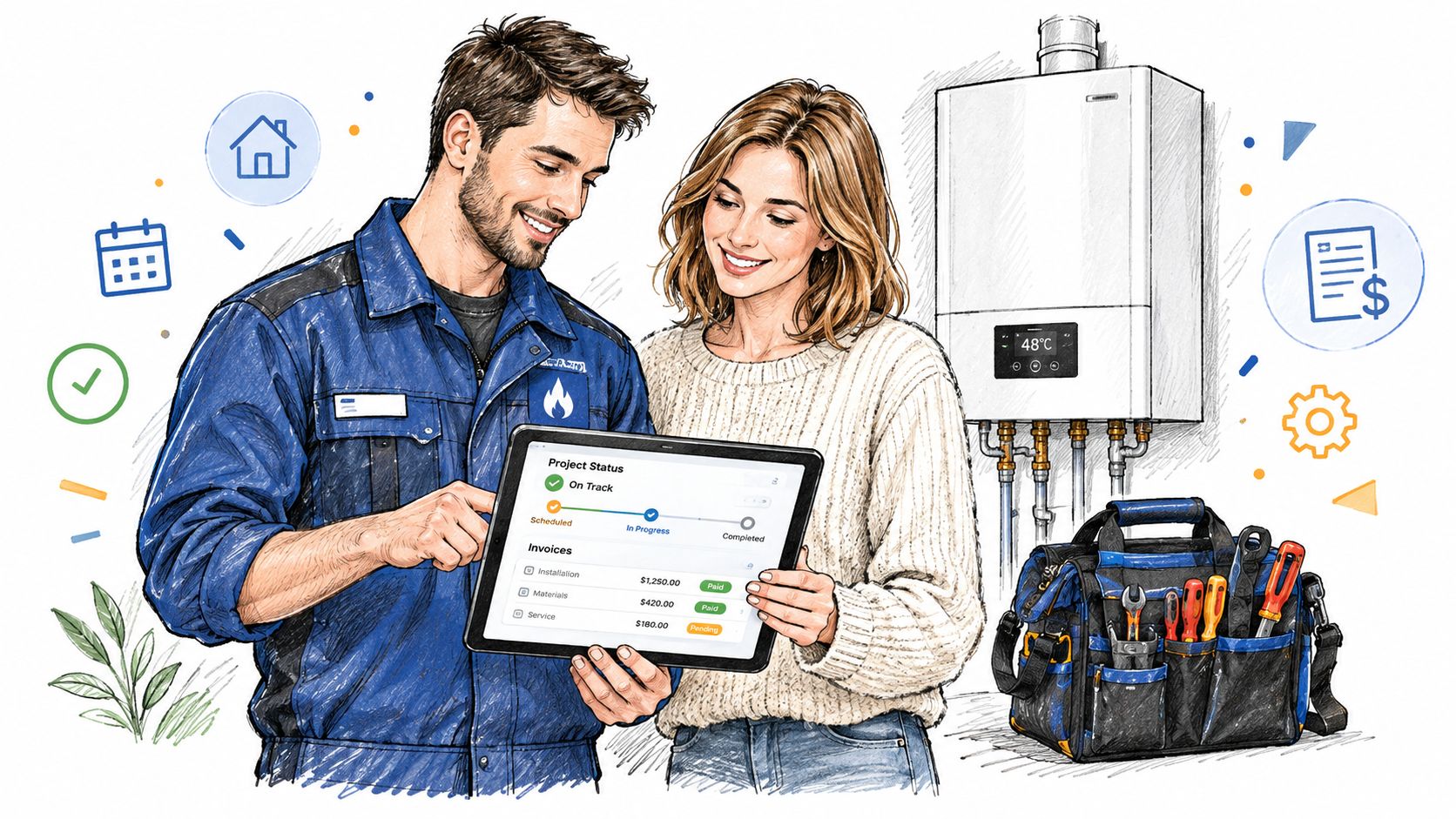 Een servicemonteur laat een klant de status van hun project en facturen zien op een tablet.