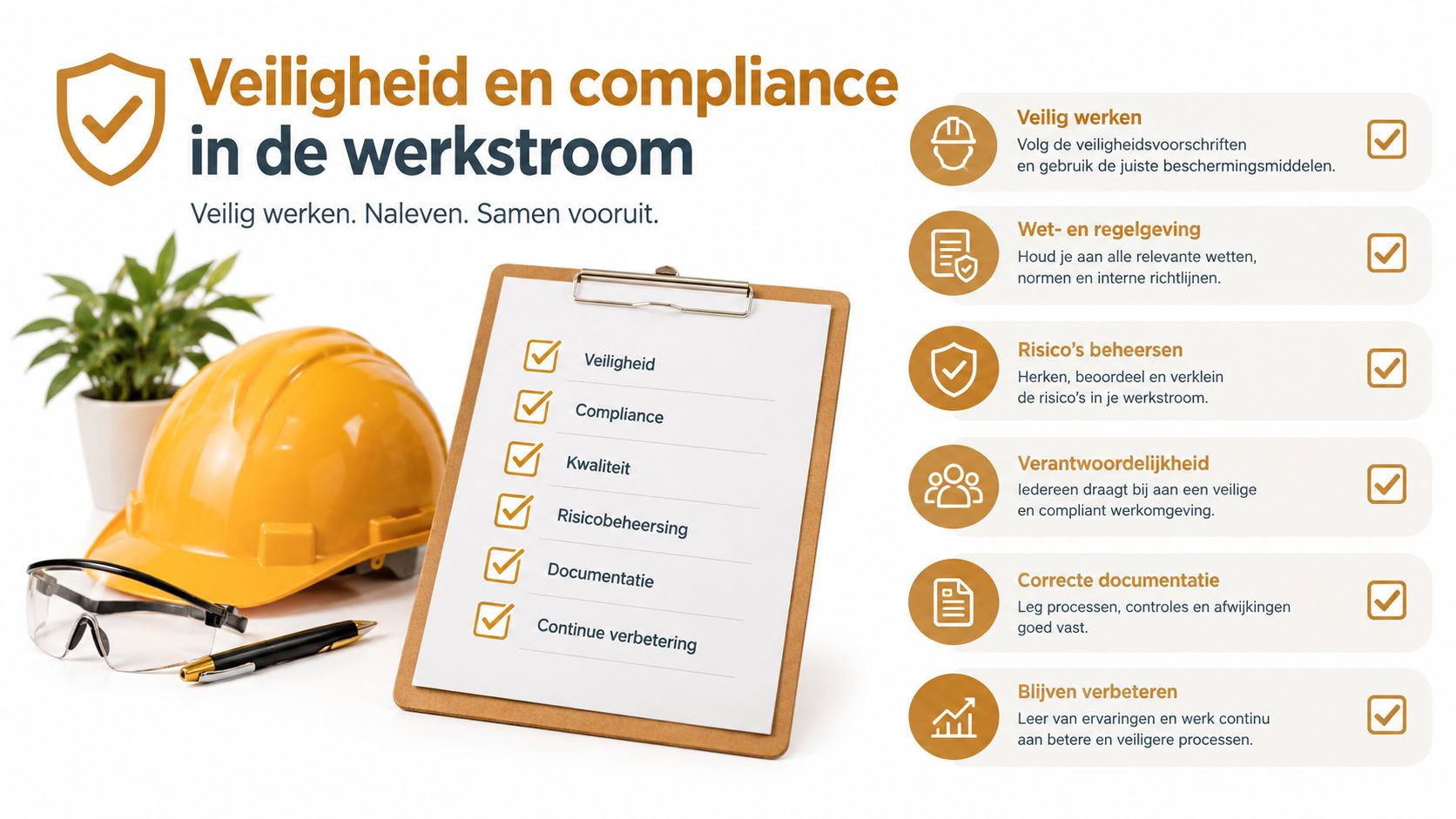 Een overzicht van veiligheid en compliance in de werkstroom met een helm, veiligheidsbril en een checklist.