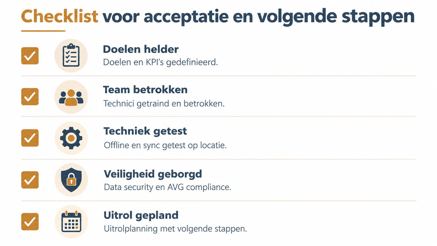 Een checklist voor acceptatie en volgende stappen met vijf belangrijke procesonderdelen voor een succesvolle implementatie.