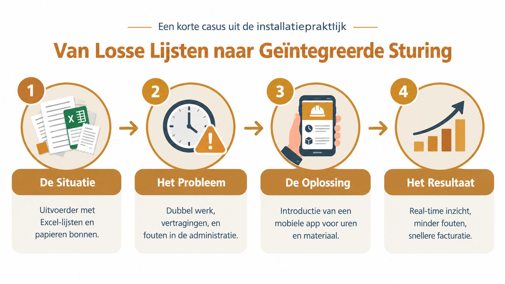 Een stappenplan van een installatiebedrijf over het digitaliseren van werkprocessen van papier naar een mobiele app.