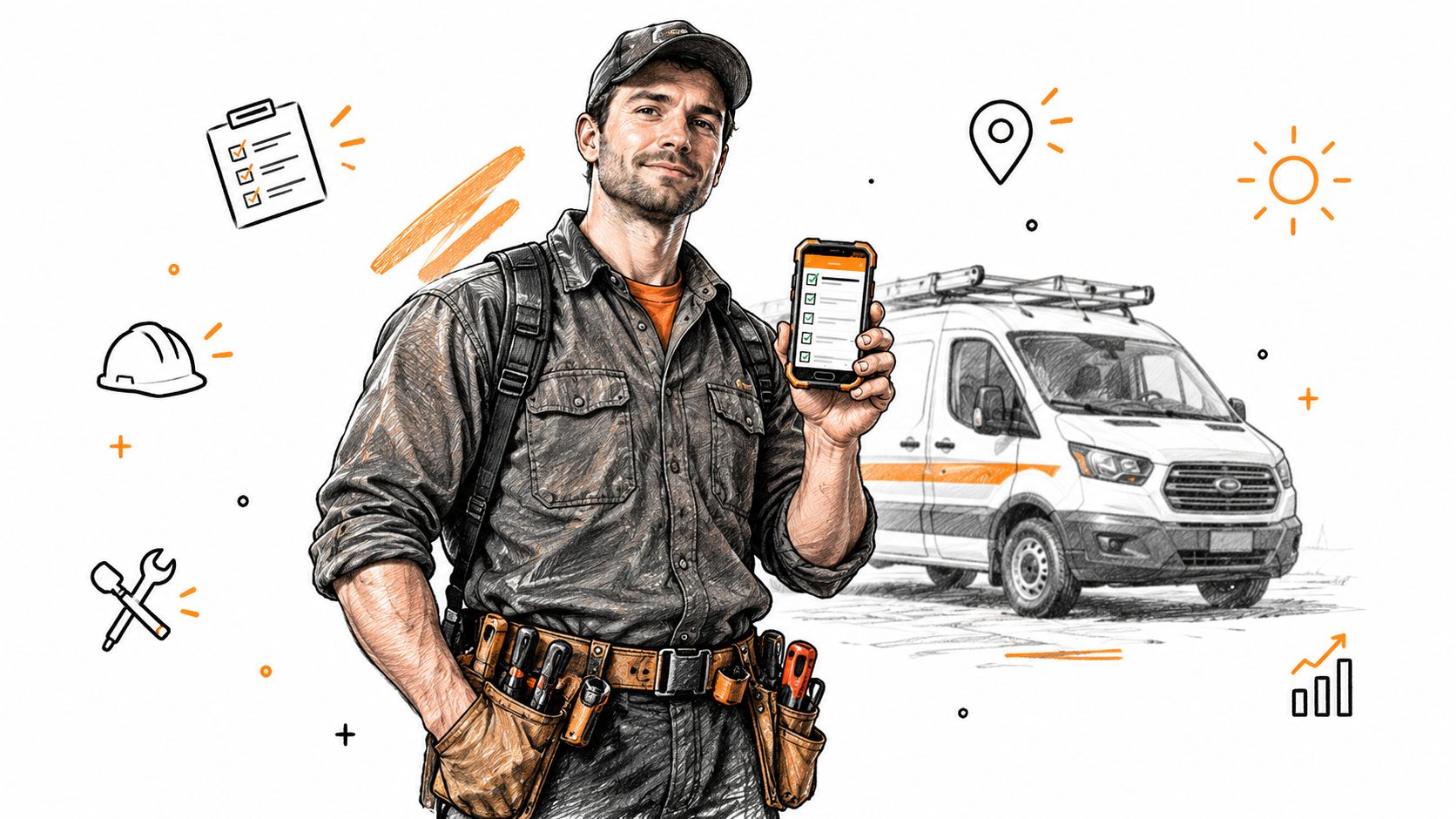 Een glimlachende vakman in werkkleding die een smartphone toont met een digitale takenlijst voor werkorderbeheer.