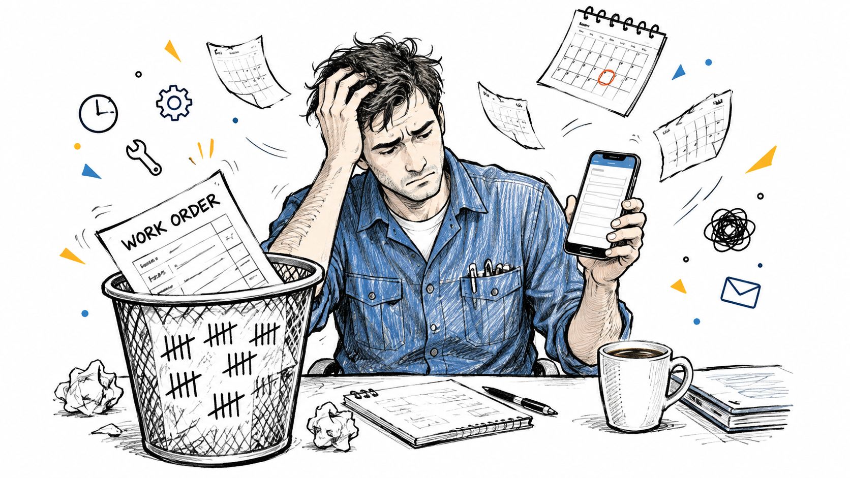 Een overwerkte werknemer kijkt gestrest naar zijn telefoon terwijl werkorders in de prullenbak belanden.