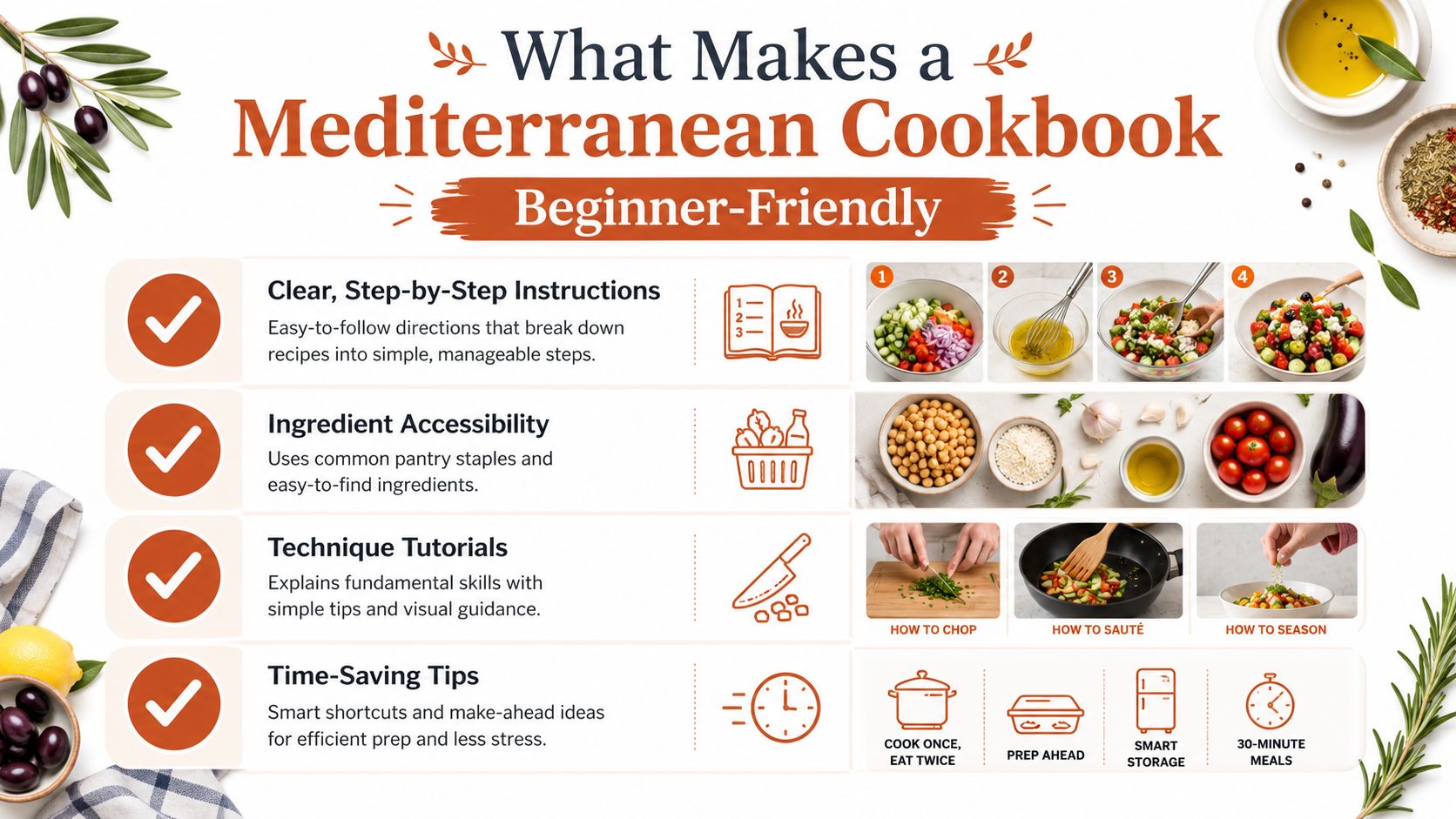 An infographic highlighting four key features of a beginner-friendly Mediterranean cookbook, including recipes, ingredients, techniques, and tips.